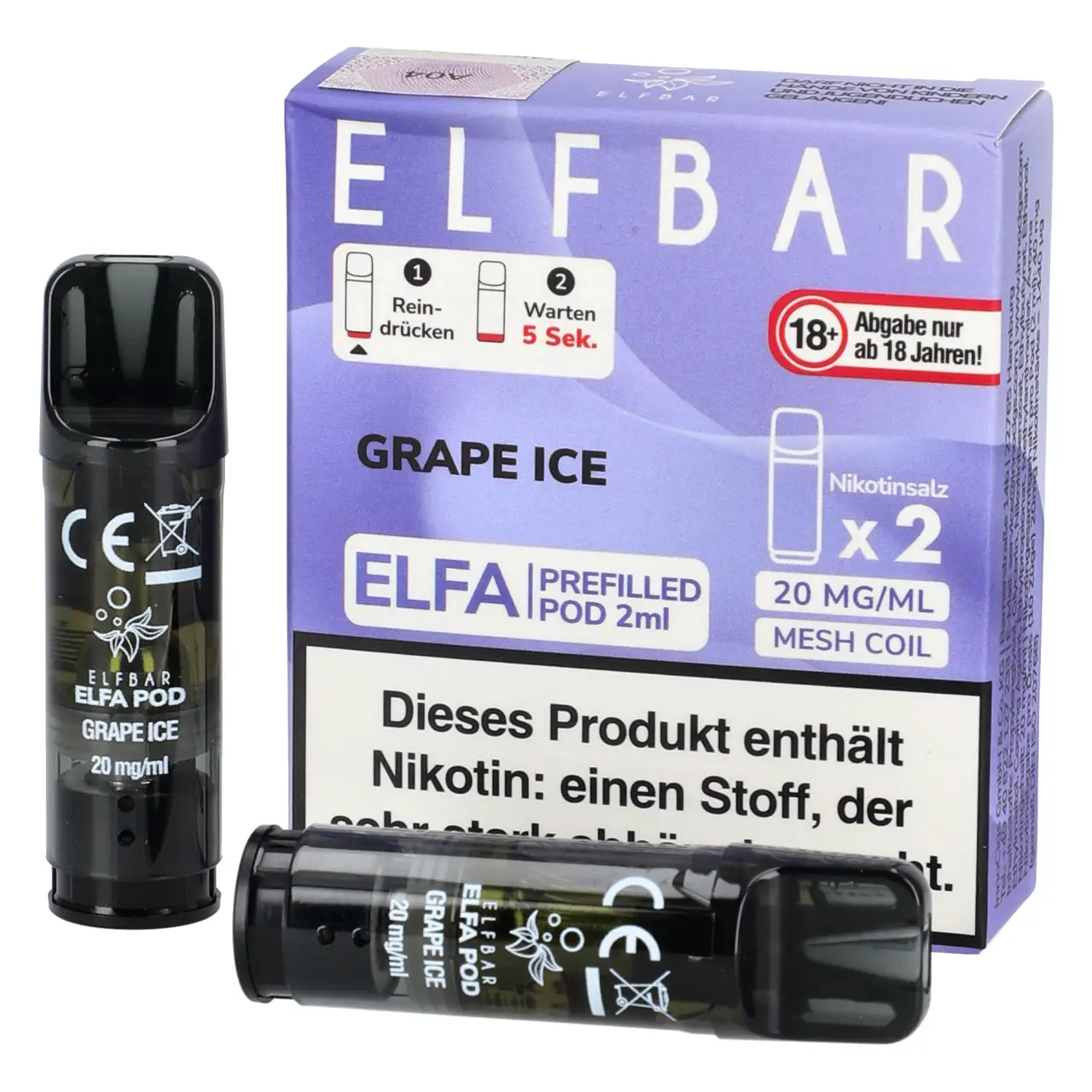 Elf Bar ELFA Pod Traube Ice (Grape Ice), 2ml Liquid, 2-er Pack Grape Ice - Elf Bar ELFA Prefilled POD für Mehrweg Vape - befüllt mit 2ml Liquid - 2er Packung