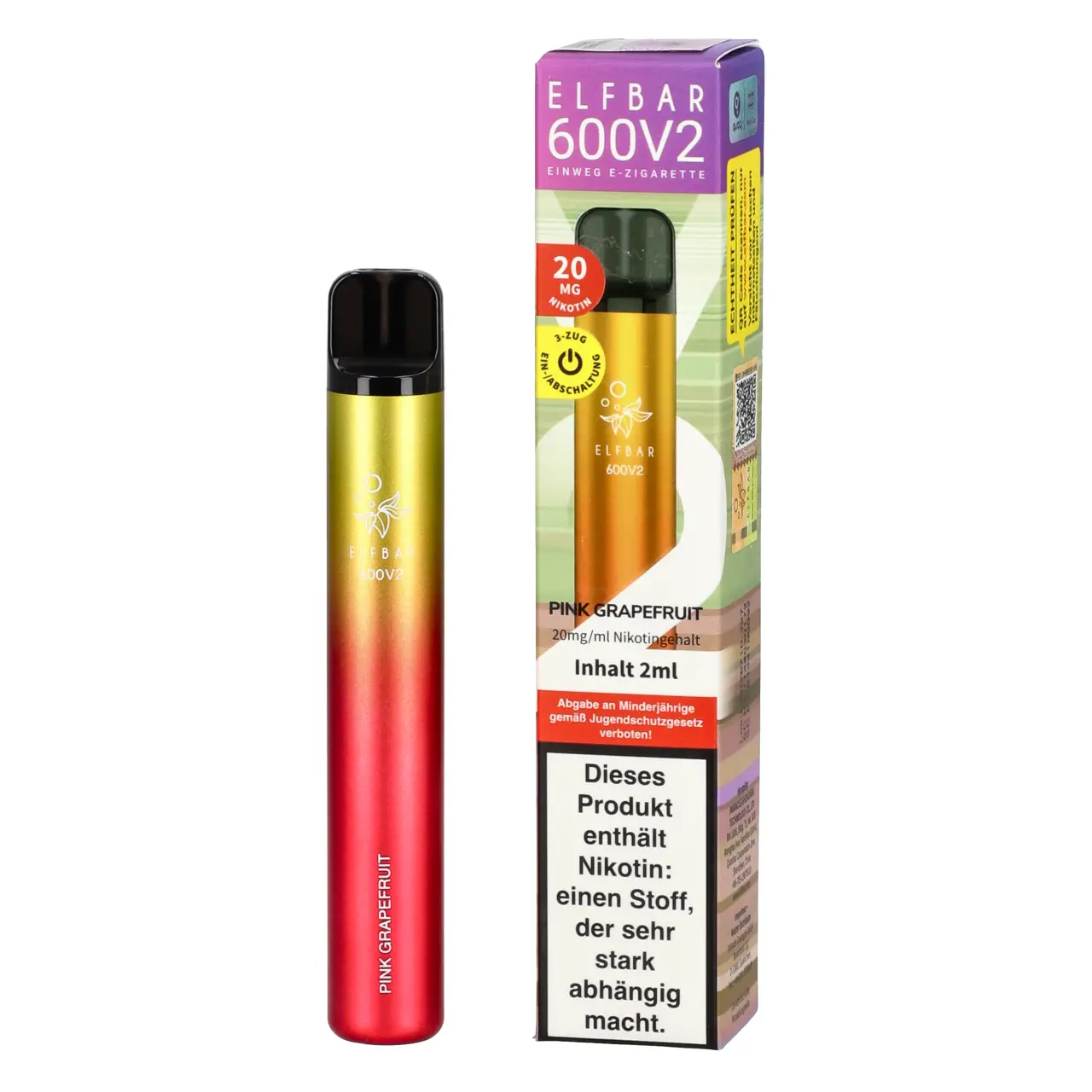 Elf Bar 600 V2 Grapefruit (Pink Grapefruit) Einweg Vape, 2ml Liquid Pink Grapefruit - Elfbar 600V2 Einweg Vape mit Mesh-Coil