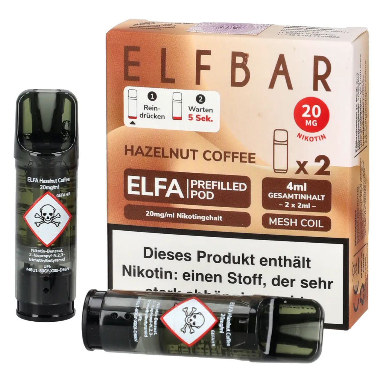 Elf Bar ELFA Pod Haselnuss mit Kaffee (Hazelnut Cofffe), 2ml Liquid, 2-er Pack Hazelnut Coffee - Elf Bar ELFA Prefilled POD für Mehrweg Vape - befüllt mit 2ml Liquid - 2er Packung