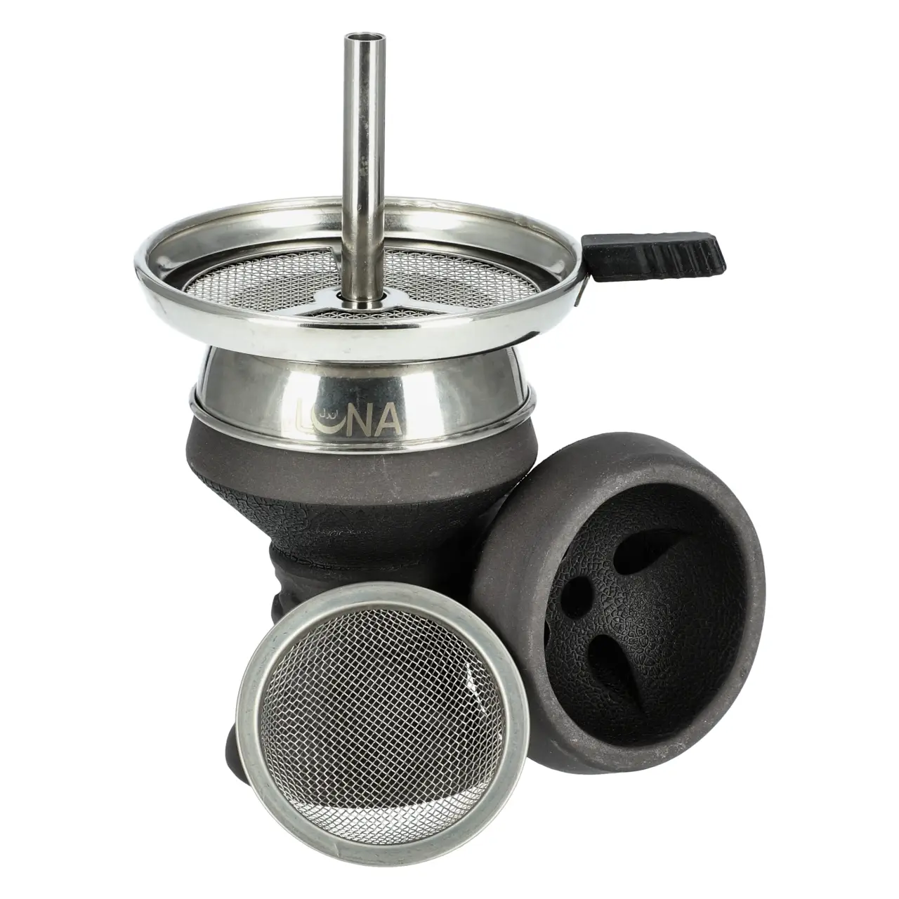 Luna Steinkopf-Set in Schwarz mit Kamin und Sieb Luna Steinkopf Set mit Sieb in Schwarz von Vorne