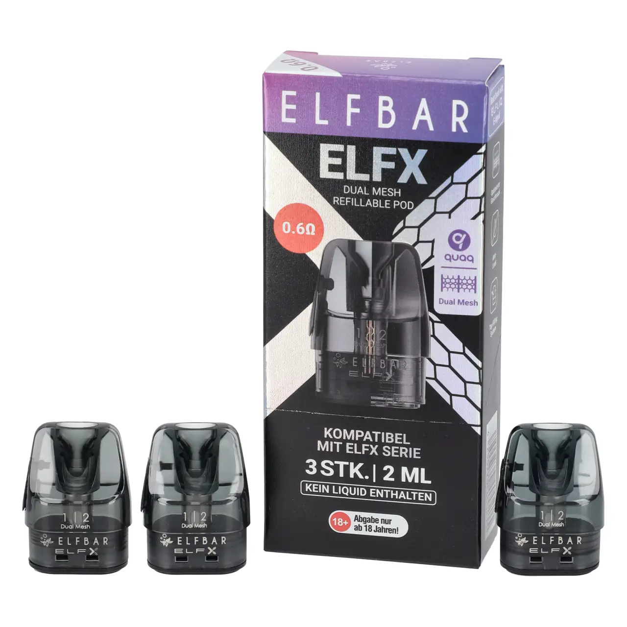 Elfbar Elfx Ersatz Pod mit Verdampferkopf, 2ml, 3-er Packung Elfx Dual Mesh Coils 0,6 Ohm - 3er Packung
