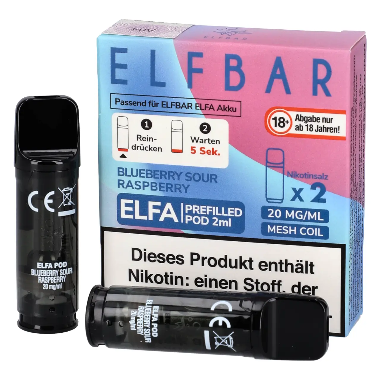 Elf Bar ELFA Pod Blaubeere saure Himbeere (Blueberry Sour Raspberry), 2ml Liquid, 2-er Pack Blueberry Sour Raspberry - Elf Bar ELFA Prefilled POD für Mehrweg Vape - befüllt mit 2ml Liquid - 2er Packung