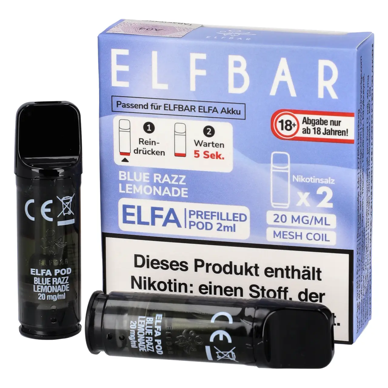 Elf Bar ELFA Pod Blaubeere Zitrone Limonade (Blue Razz Lemonade), 2ml Liquid, 2-er Pack Blue Razz Lemonade - Elf Bar ELFA Prefilled POD für Mehrweg Vape - befüllt mit 2ml Liquid - 2er Packung