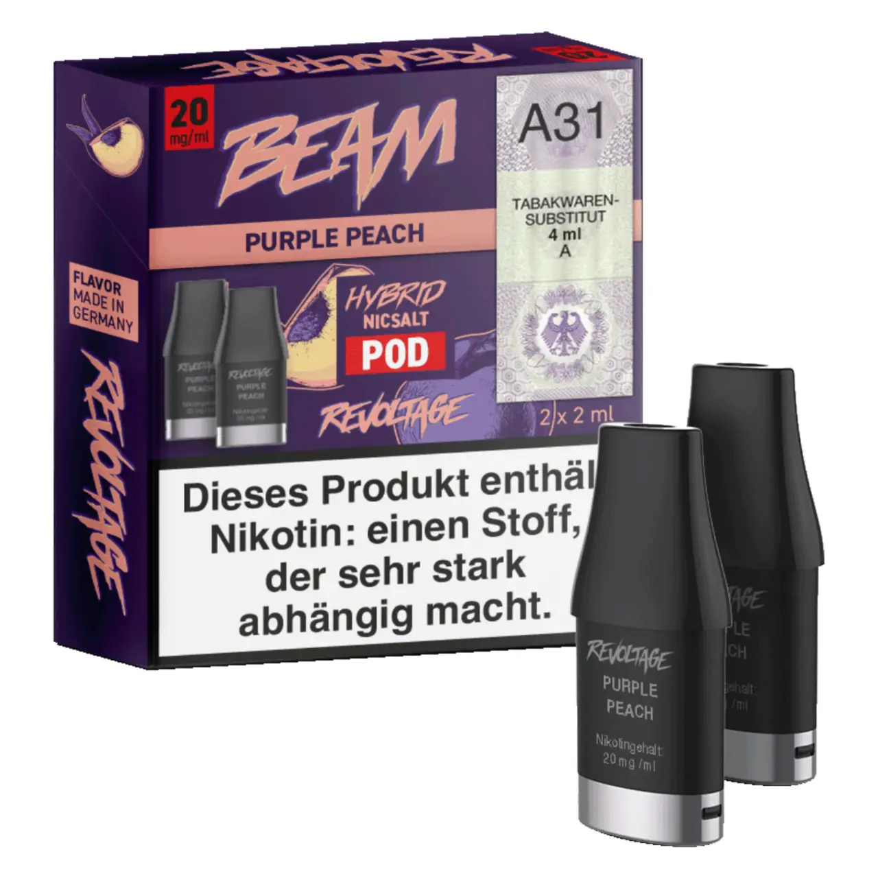 Revoltage Beam lila Pfirsich Ice (Purple Peach) Prefill Liquid Pod 2ml, 2-er Pack Purple Peach - Revoltage Beam Prefilled Pod - 2er Packung