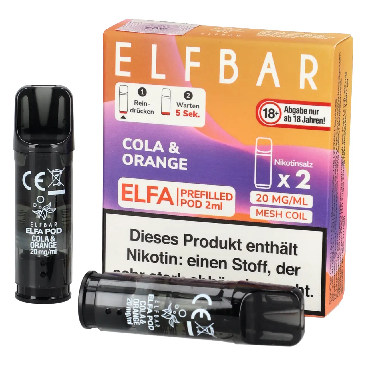 Elf Bar ELFA Pod Cola Orange, 2ml Liquid, 2-er Pack Cola Orange - Elf Bar ELFA Prefilled POD für Mehrweg Vape - befüllt mit 2ml Liquid - 2er Packung