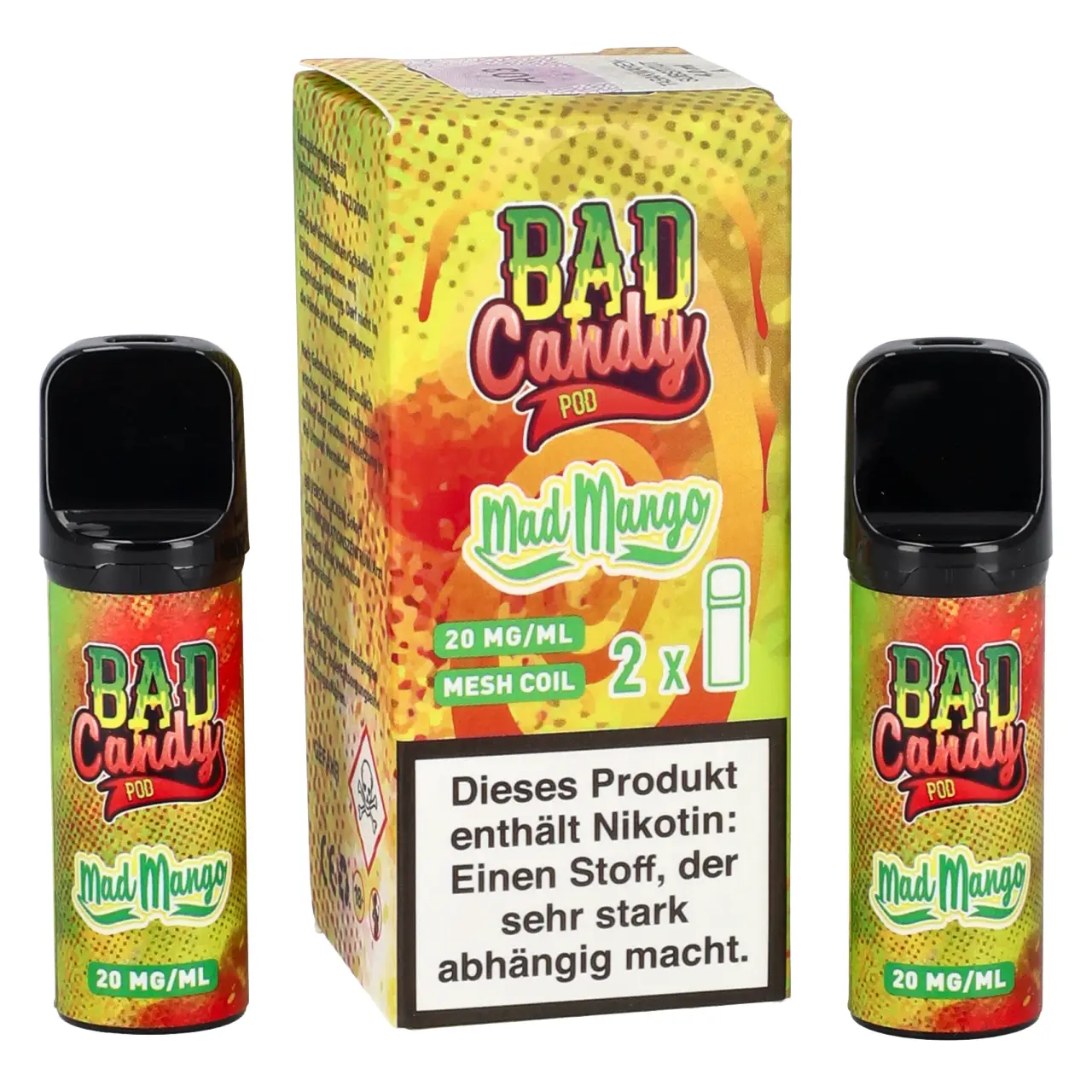 Bad Candy Pod2Go Ananas Kokosnuss Mango Maracuja Limette Ice (Mad Mango) Prefilled Pod, 2-er Pack Mad Mango - Bad Candy Pod für Mehrweg Vape - befüllt mit 2ml Liquid - ELFA kompatibel - 2er Packung