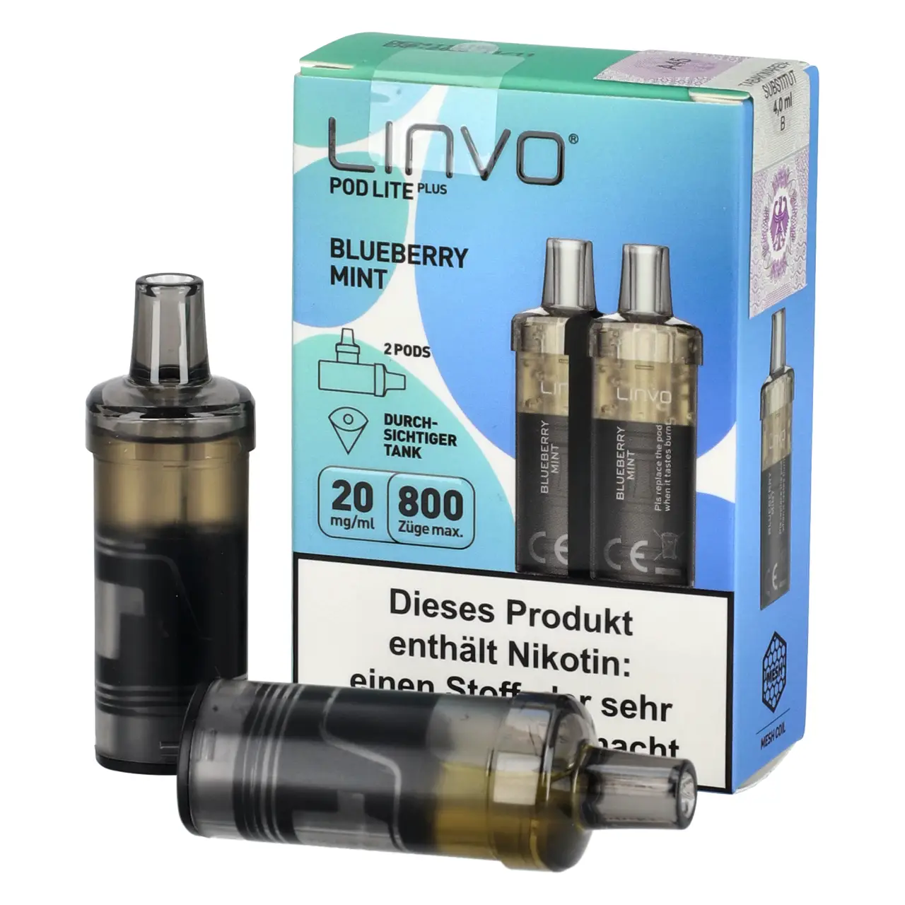 Linvo Pod Lite Plus Blaubeere Minze (Blueberry Mint) 2ml Liquid Pods, 2-er Pack Blueberry Mint - Linvo Pod Lite Plus Prefilled Pod - 2er Packung
