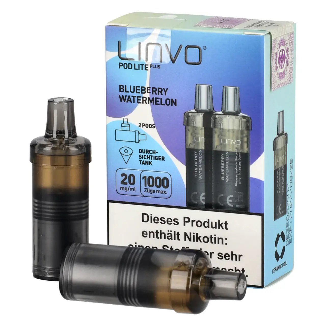 Linvo Pod Lite Plus Blaubeere Wassermelone (Blueberry Watermelon) 2ml Liquid Pods, 2-er Pack Blueberry Watermelon - Linvo Pod Lite Plus Prefilled Pod - 2er Packung