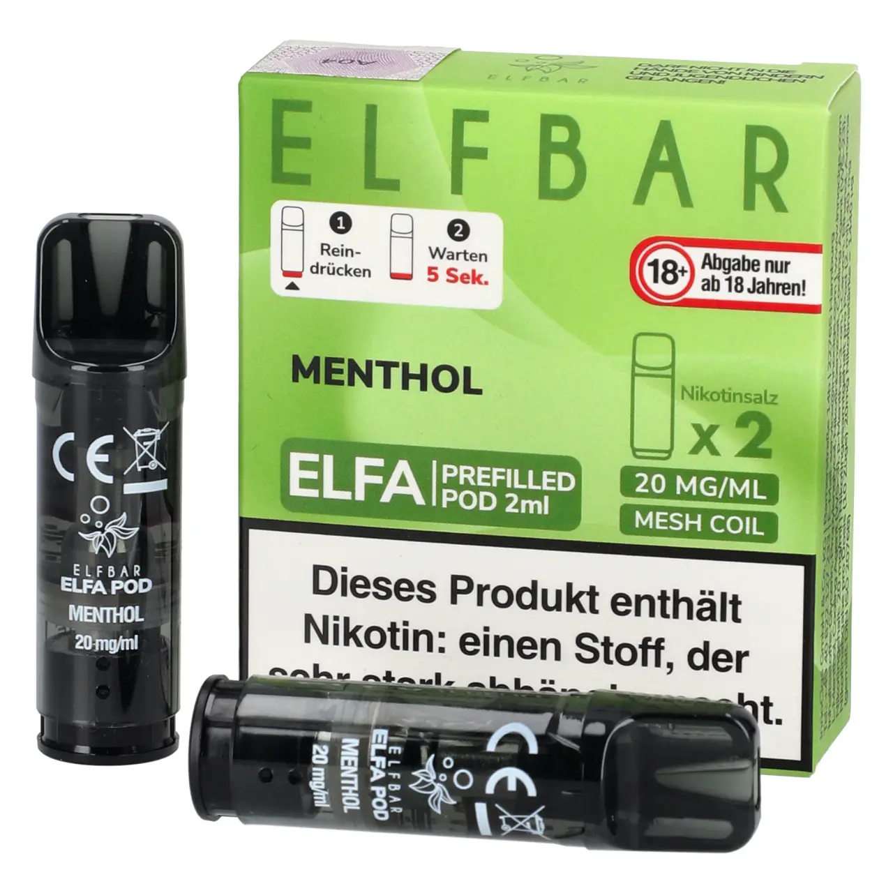 Elf Bar ELFA Pod Menthol, 2ml Liquid, 2-er Pack Menthol - Elf Bar ELFA Prefilled POD für Mehrweg Vape - befüllt mit 2ml Liquid - 2er Packung