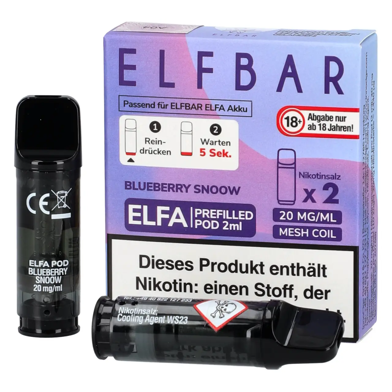 Elf Bar ELFA Pod Heidelbeere Marmelade (Blueberry Snoow), 2ml Liquid, 2-er Pack Blueberry Snoow - Elf Bar ELFA Prefilled POD für Mehrweg Vape - befüllt mit 2ml Liquid - 2er Packung