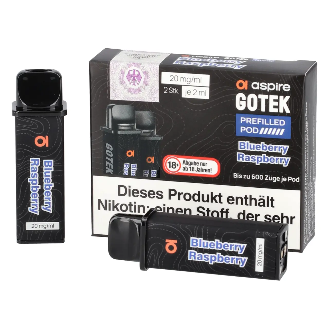 Aspire Gotek Blaubeere Himbeere (Blueberry Raspberry) Prefilled Pod 2ml, 2-er Pack Blueberry Raspberry - Aspire Gotek Prefilled Pod für Mehrweg Vape - befüllt mit 2ml Liquid - 2er Packung