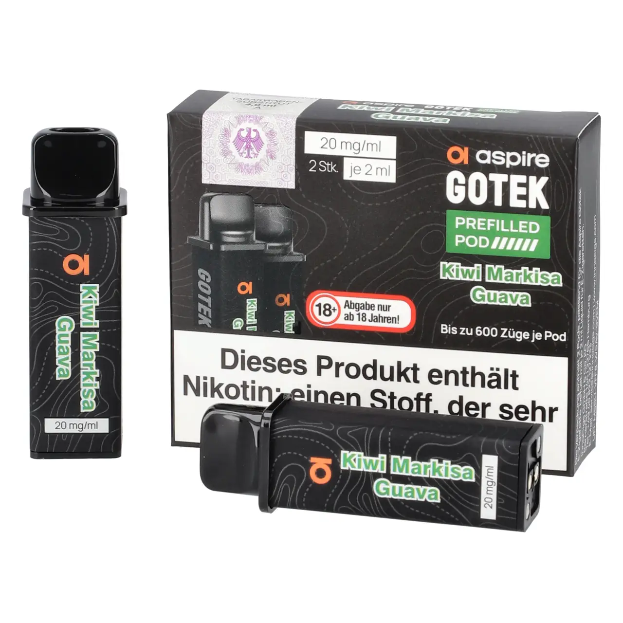 Aspire Gotek Kiwi Maracuja Guave (Kiwi Markisa Guava) Prefilled Pod 2ml, 2-er Pack Kiwi Markisa Guava - Aspire Gotek Prefilled Pod für Mehrweg Vape - befüllt mit 2ml Liquid - 2er Packung