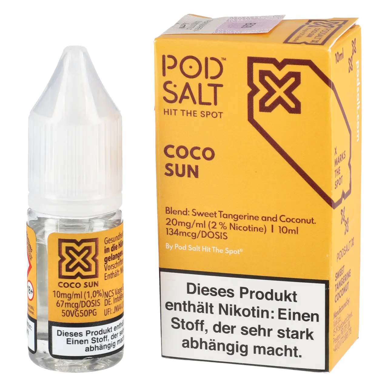 Pod Salt X Mandarine Kokosnuss (Coco Sun / Sweet Tangerine Coconut) Nikotinsalz Liquid, 10ml Coco Sun - Pod Salt X Nikotinsalz Liquid Flasche 10ml