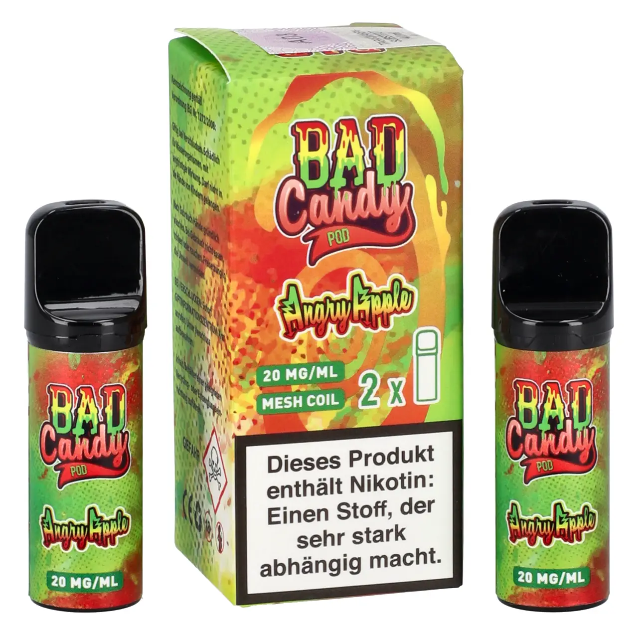 Bad Candy Pod2Go grüner Apfel Kiwi (Angry Apple) Prefilled Pod, 2-er Pack Angry Apple - Bad Candy Pod für Mehrweg Vape - befüllt mit 2ml Liquid - ELFA kompatibel - 2er Packung