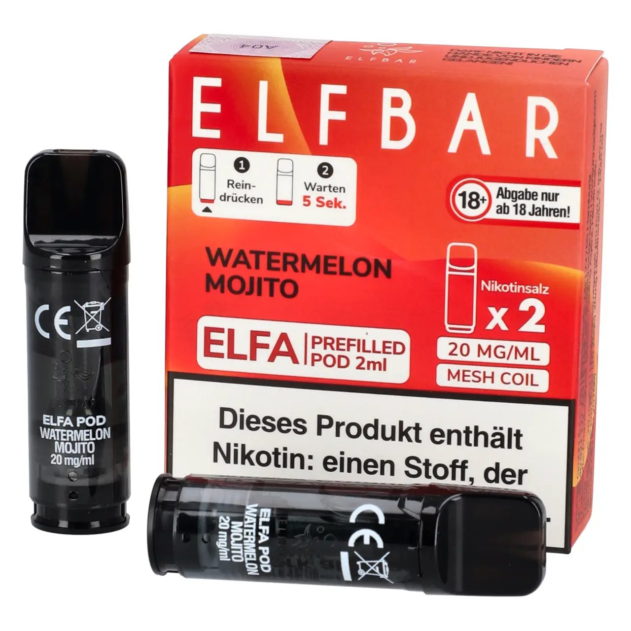 Elf Bar ELFA Pod Wassermelone Mojito (Watermelon Mojito), 2ml Liquid, 2-er Pack Watermelon Mojito - Elf Bar ELFA Prefilled POD für Mehrweg Vape - befüllt mit 2ml Liquid - 2er Packung