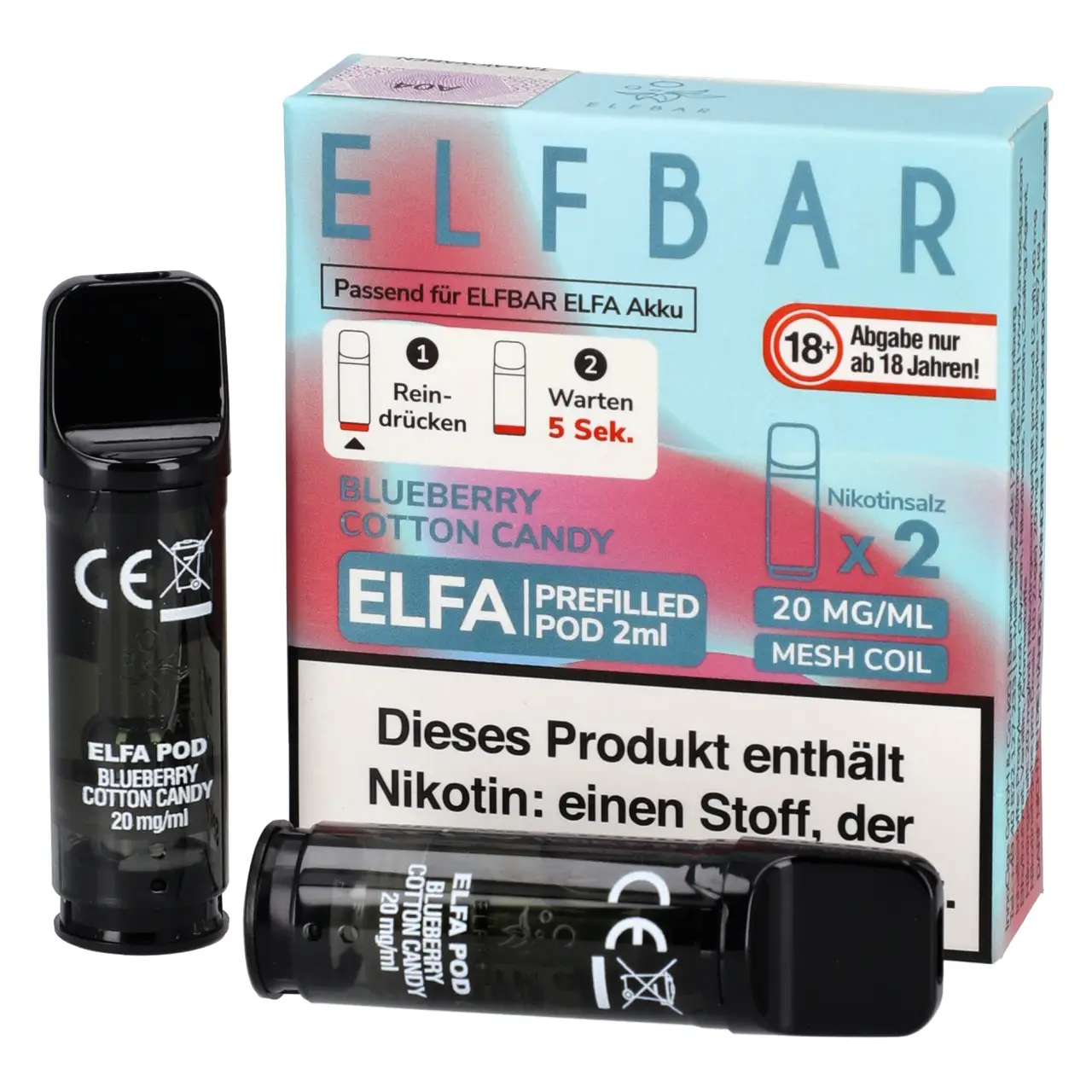 Elf Bar ELFA Pod Blaubeere Zuckerwatte (Blueberry Cotton Candy), 2ml Liquid, 2-er Pack Blueberry Cotton Candy - Elf Bar ELFA Prefilled POD für Mehrweg Vape - befüllt mit 2ml Liquid - 2er Packung