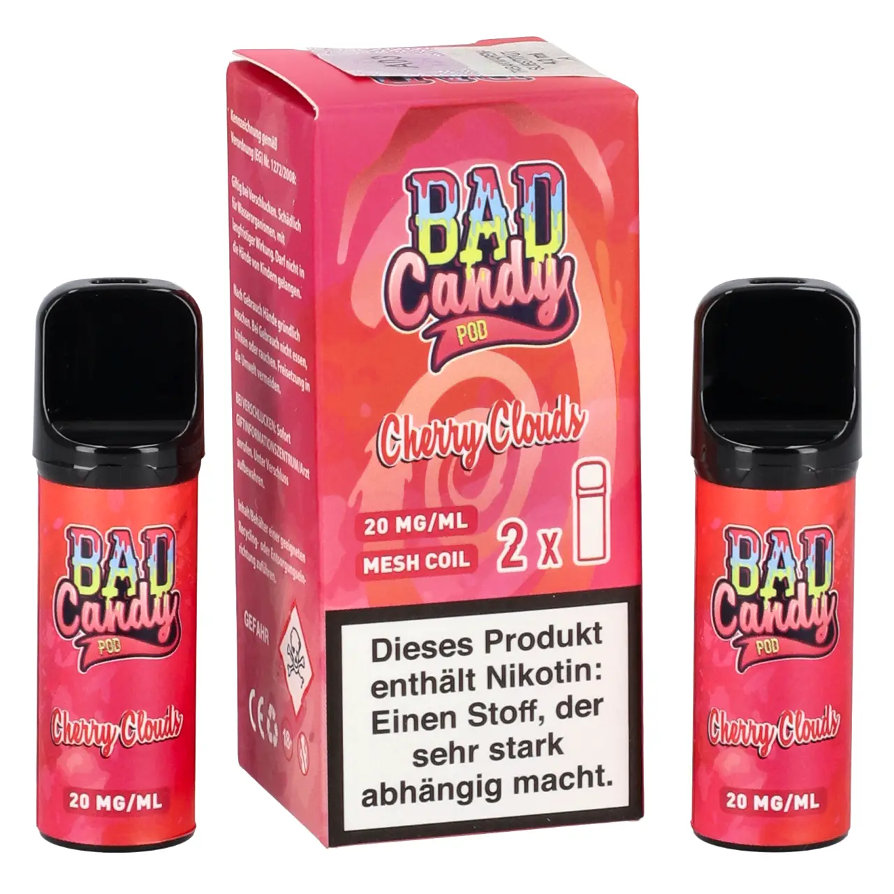 Bad Candy Pod2Go Kirsche saure Zitrone Ice (Cherry Clouds) Prefilled Pod, 2-er Pack Cherry Clouds - Bad Candy Pod für Mehrweg Vape - befüllt mit 2ml Liquid - ELFA kompatibel - 2er Packung