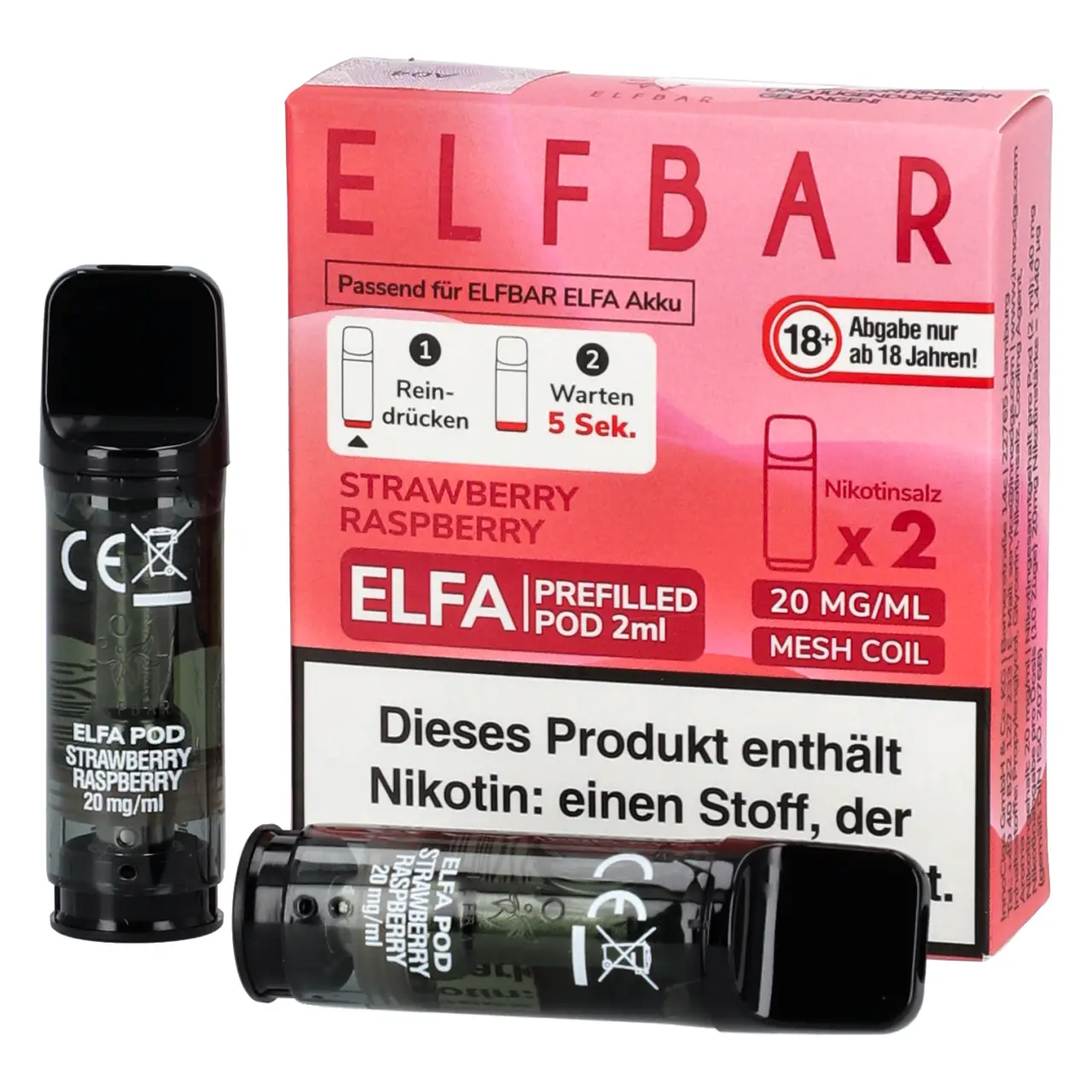 Elf Bar ELFA Pod Erdbeere Himbeere (Strawberry Raspberry), 2ml Liquid, 2-er Pack Strawberry Raspberry - Elf Bar ELFA Prefilled POD für Mehrweg Vape - befüllt mit 2ml Liquid - 2er Packung