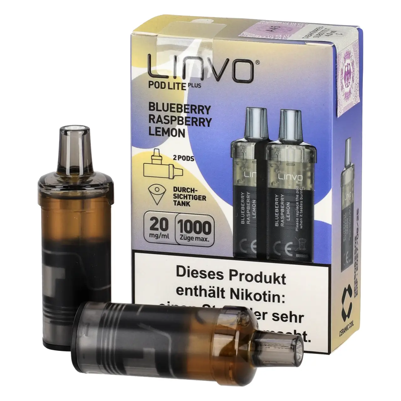 Linvo Pod Lite Plus Blaubeere Himbeere Zitrone (Blueberry Raspberry Lemon), 2-er Pack Blueberry Raspberry Lemon - Linvo Pod Lite Plus Prefilled Pod - 2er Packung