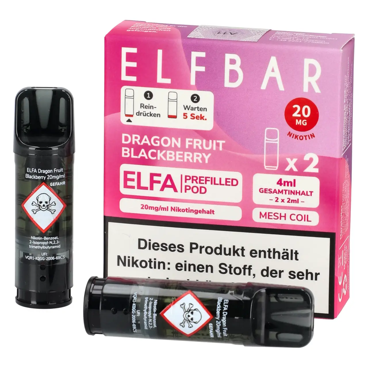 Dragon Fruit Blackberry - Elf Bar ELFA Prefilled POD für Mehrweg Vape - befüllt mit 2ml Liquid - 2er Packung