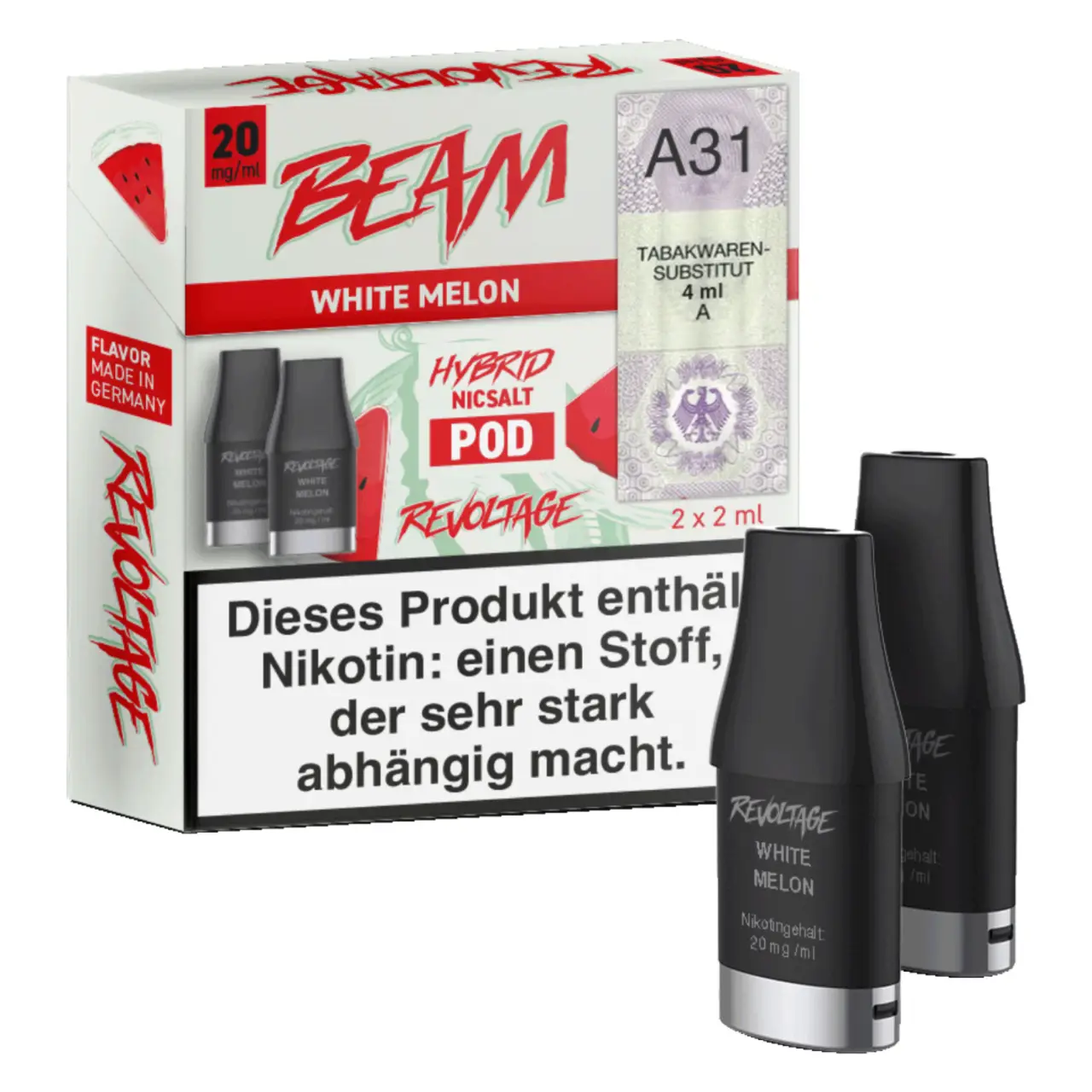Revoltage Beam Honigmelone Wassermelone (White Melon) Prefill Liquid Pod 2ml, 2-er Pack White Melon - Revoltage Beam Prefilled Pod - 2er Packung