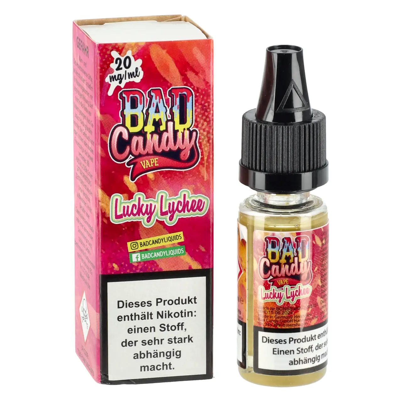 Bad Candy kühle Litschi Maracuja Zitrone (Lucky Lychee) Nikotinsalz Liquid, 10ml Lucky Lychee - Bad Candy Vape Nikotinsalz Liquid für Mehrweg Vape - 10ml