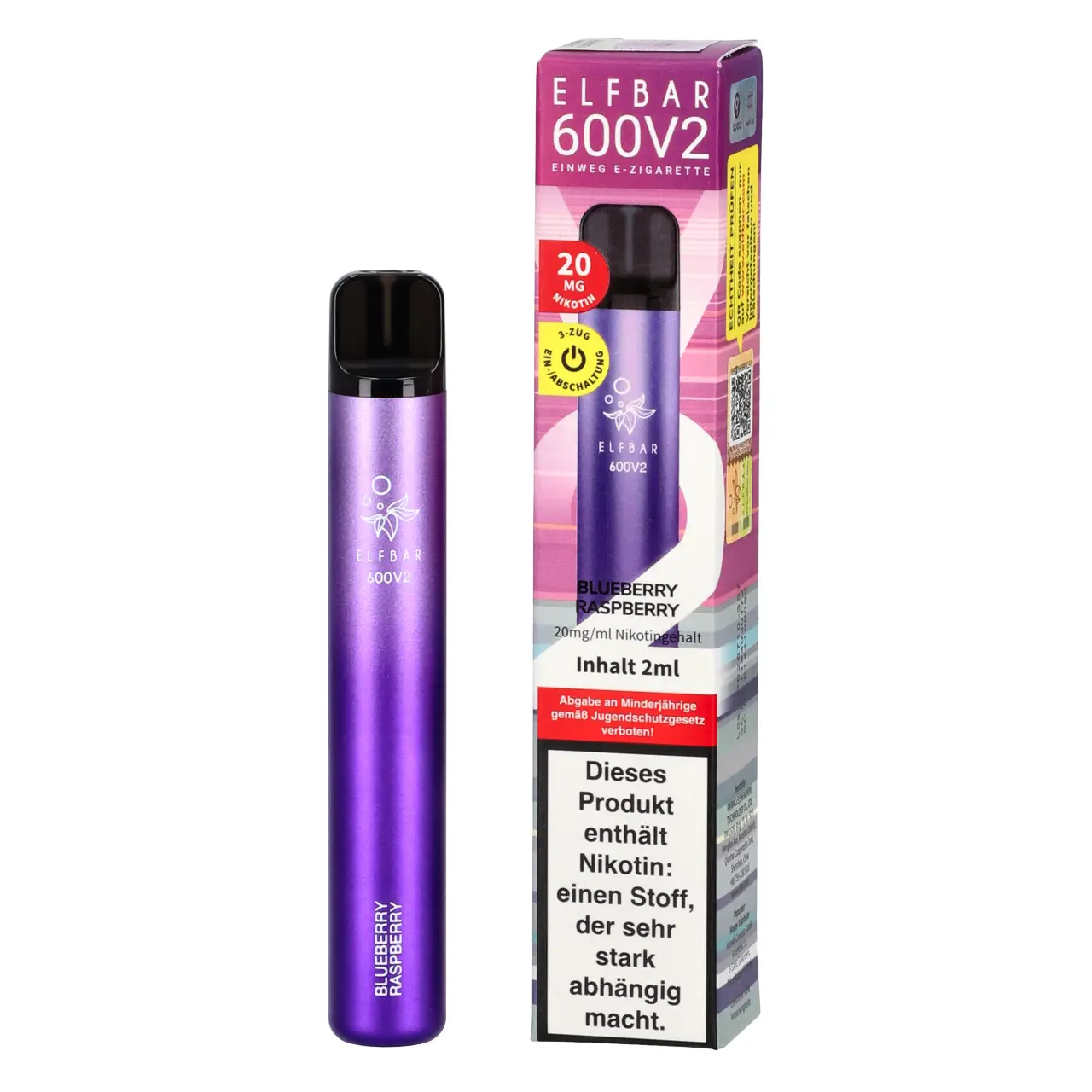 Elf Bar 600 V2 Blaubeere Himbeere (Blueberry Raspberry) Einweg Vape, 2ml Liquid Blueberry Raspberry - Elfbar 600V2 Einweg Vape mit Mesh-Coil