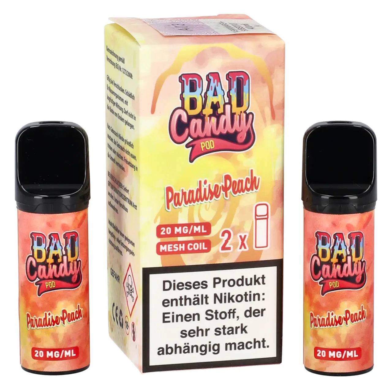 Bad Candy Pod2Go Pfirsich Maracuja Zitrone (Paradise Peach) Prefilled Pod, 2-er Pack Paradise Peach - Bad Candy Pod für Mehrweg Vape - befüllt mit 2ml Liquid - ELFA kompatibel - 2er Packung
