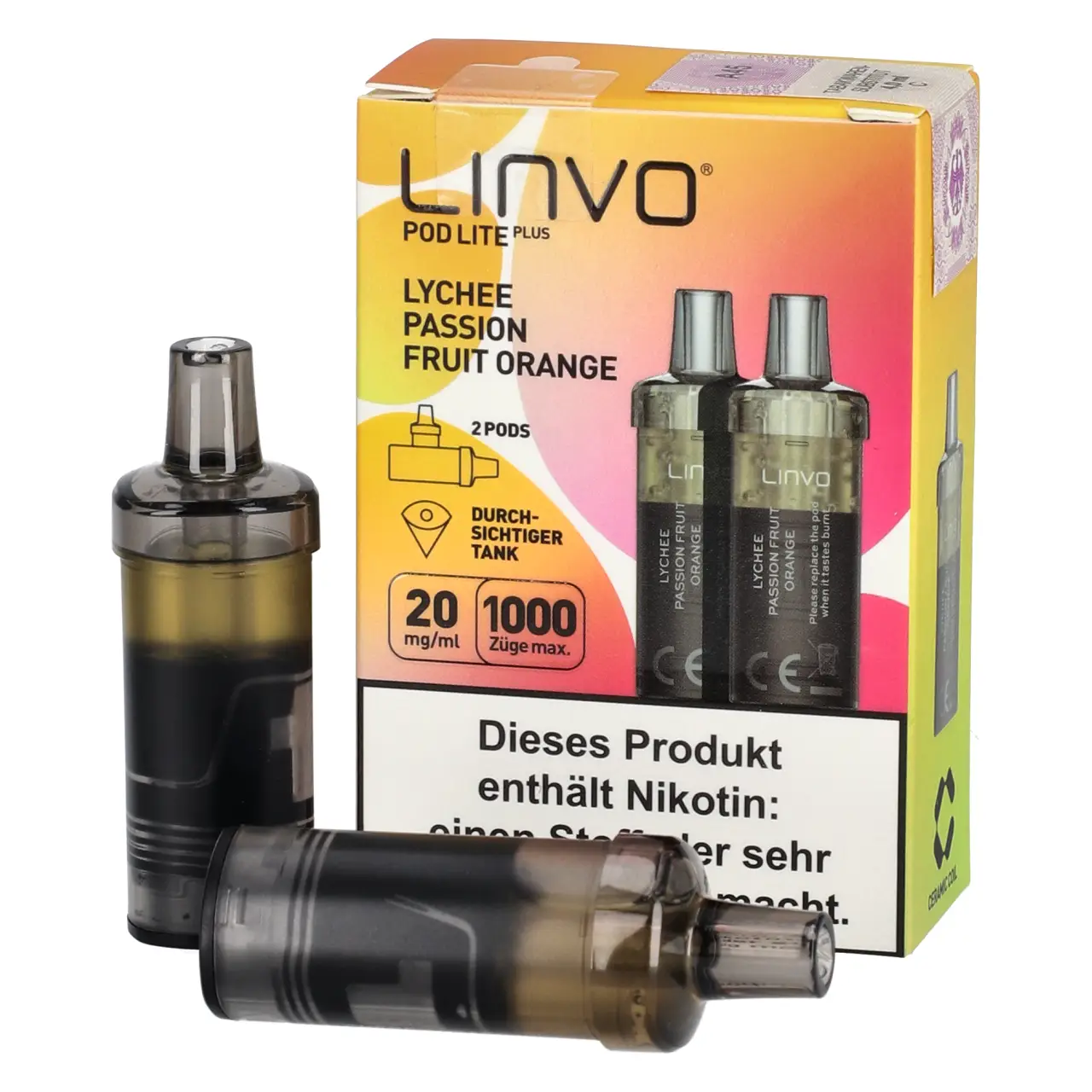 Linvo Pod Lite Plus Litschi Passionsfrucht Orange (Lychee Passion Fruit Orange) 2ml Liquid Pods, 2-er Pack Lychee Passion Fruit Orange - Linvo Pod Lite Plus Prefilled Pod - 2er Packung