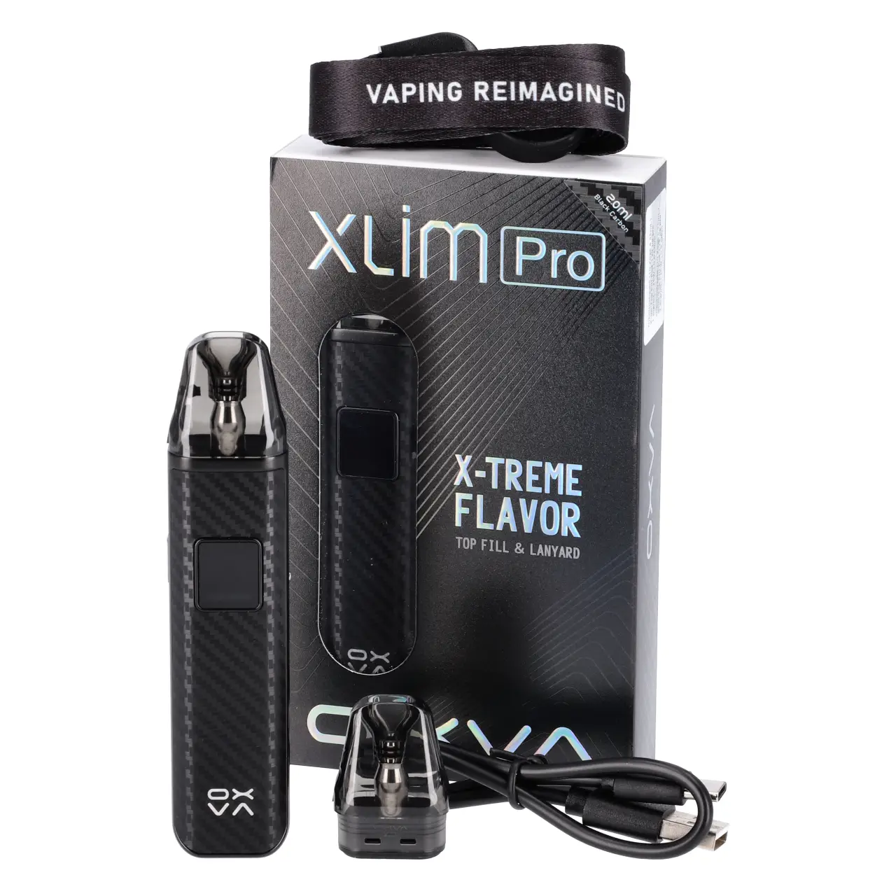 Oxva Xlim Pro E-Zigaretten Set in Carbon Black mit Verpackung und Zubehör