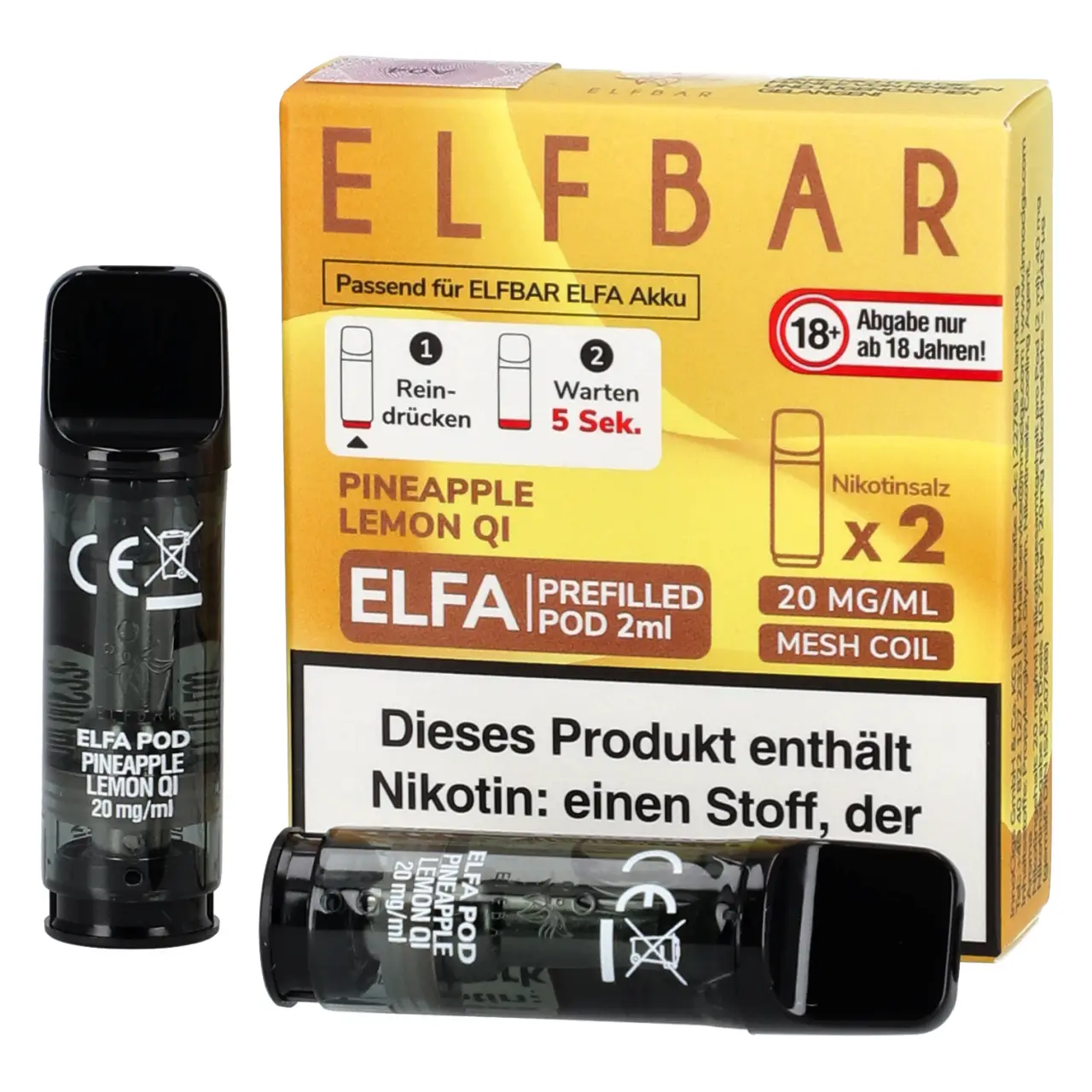 Elf Bar ELFA Pod Ananas Lemon Soda (Pineapple Lemon Qi), 2ml Liquid, 2-er Pack Pineapple Lemon Qi - Elf Bar ELFA Prefilled POD für Mehrweg Vape - befüllt mit 2ml Liquid - 2er Packung
