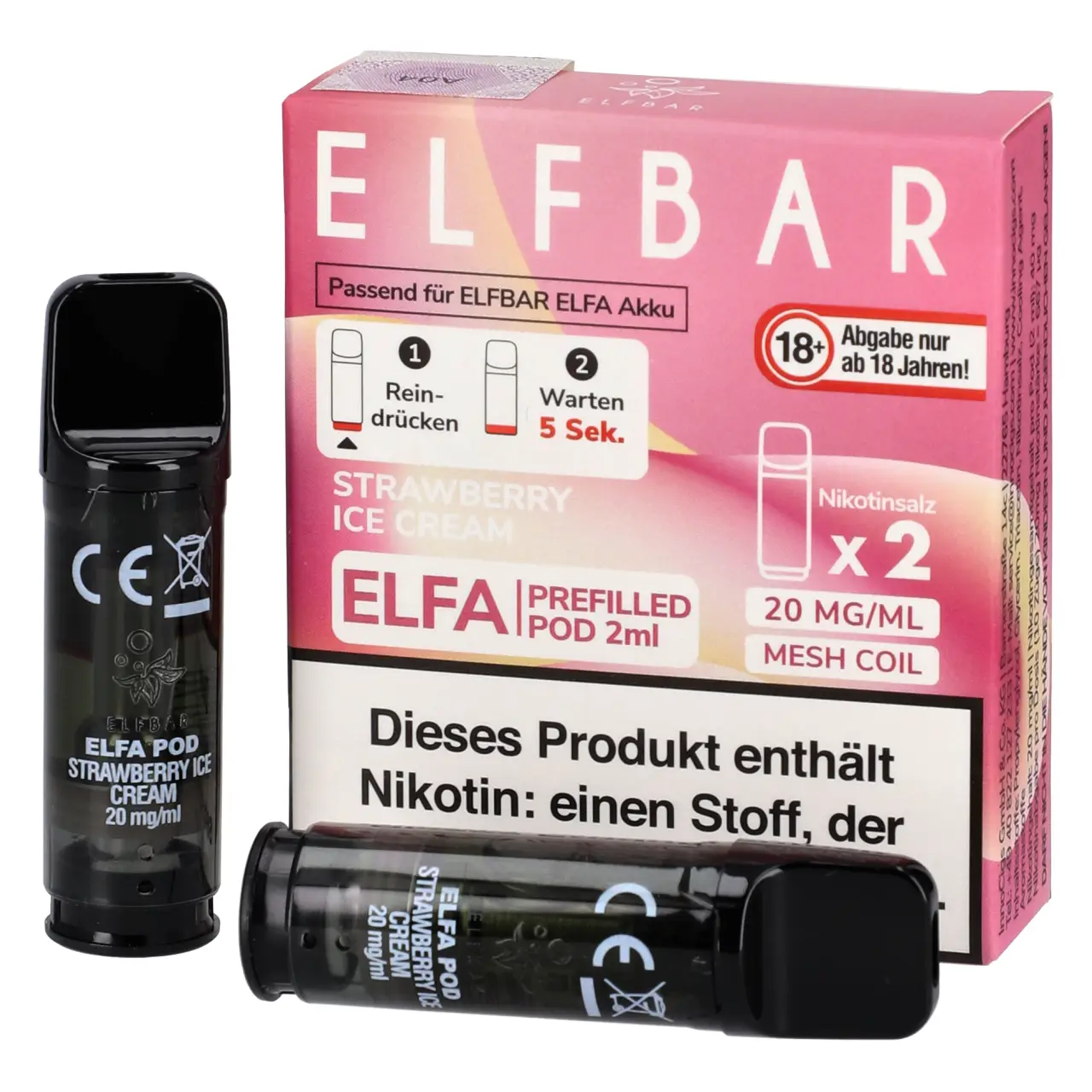 Elf Bar ELFA Pod Erdbeere Eiscreme (Strawberry Ice Cream), 2ml Liquid, 2-er Pack Strawberry Ice Cream - Elf Bar ELFA Prefilled POD für Mehrweg Vape - befüllt mit 2ml Liquid - 2er Packung