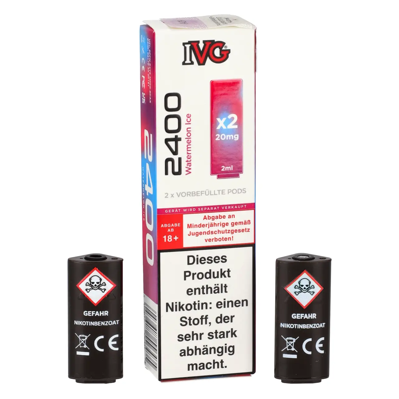 IVG 2400 Wassermelone Ice (Watermelon Ice) Prefilled Pod, 2-er Pack Watermelon Ice - IVG 2400 vorbefüllte Pods für Mehrweg Vape - 2er Packung