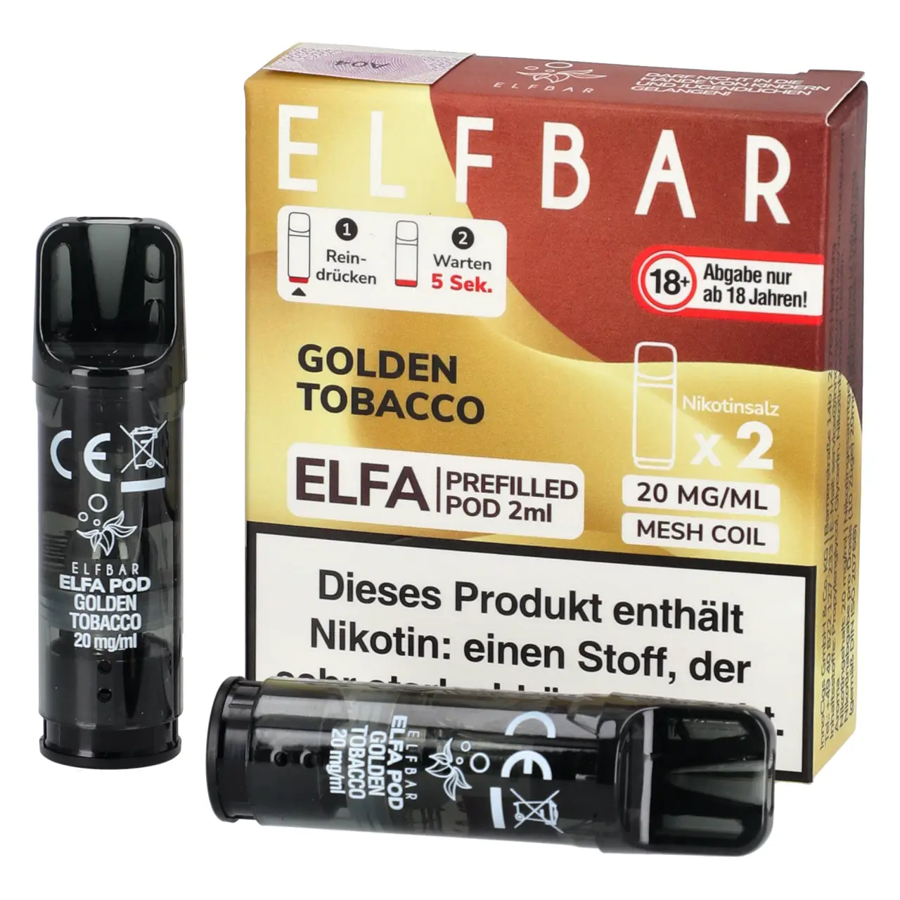 Golden Tobacco - Elf Bar ELFA Prefilled POD für Mehrweg Vape - befüllt mit 2ml Liquid - 2er Packung