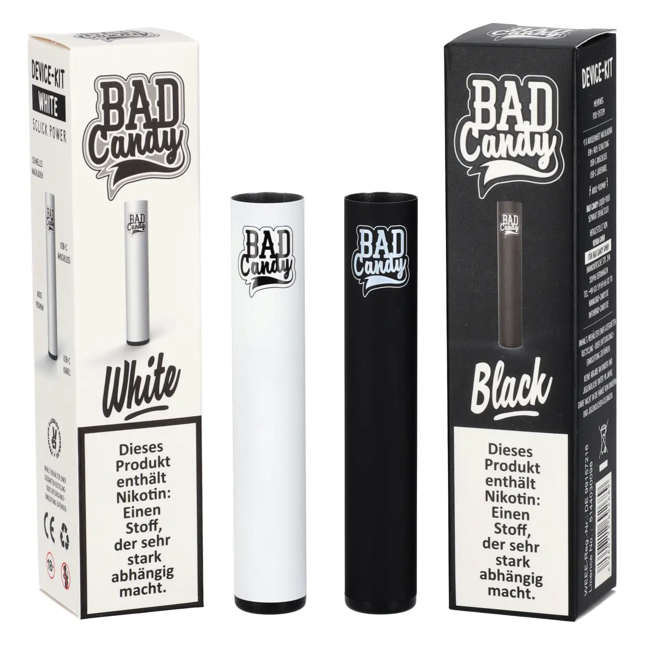 Bad Candy Basisgeräte in Schwarz und Weiss für Prefilled Pods - Mehrweg Vape - ELFA kompatibel