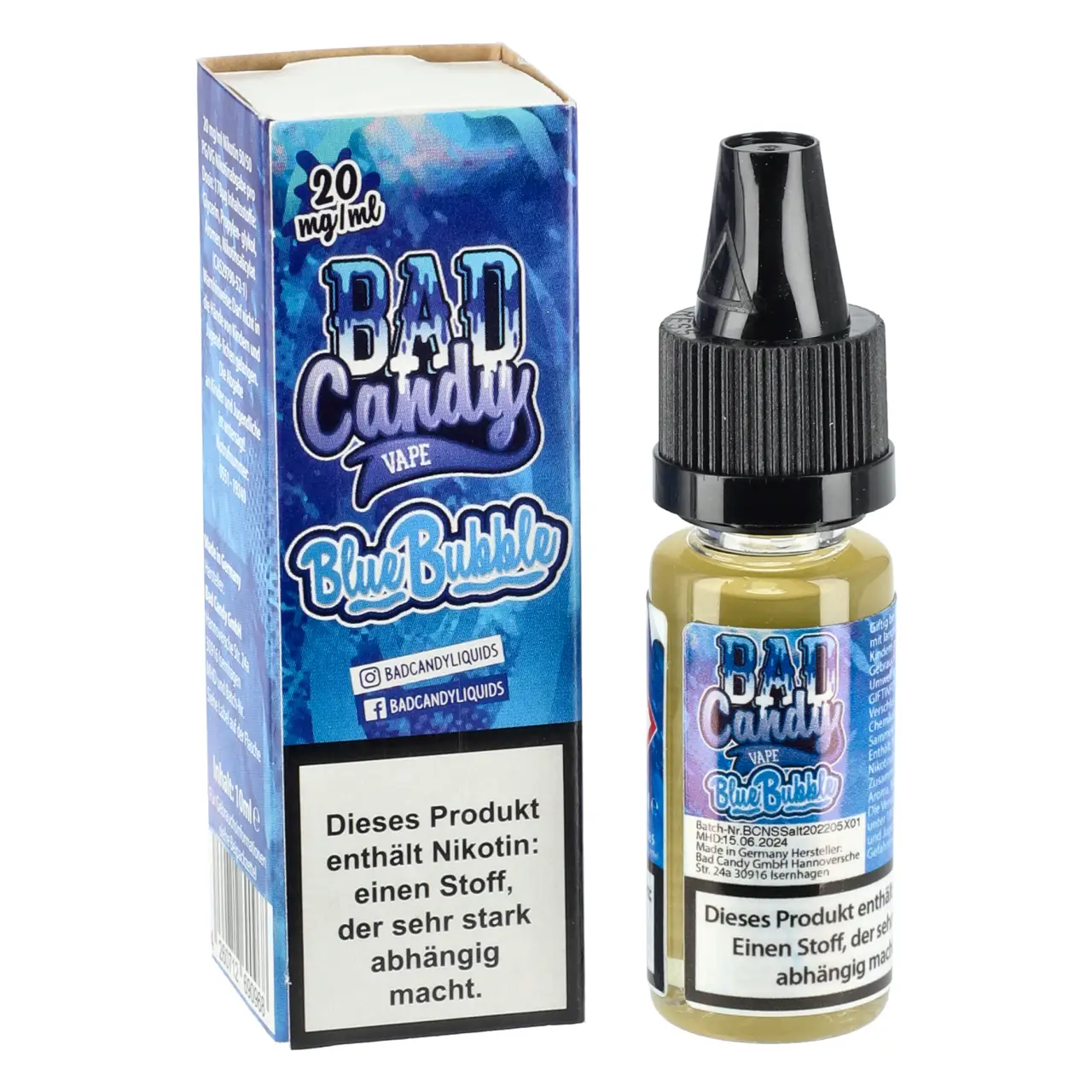 Bad Candy Blaubeere Johannisbeere Limonade Kaugummi (Blue Bubble) Nikotinsalz Liquid, 10ml Blue Bubble - Bad Candy Vape Nikotinsalz Liquid für Mehrweg Vape - 10ml