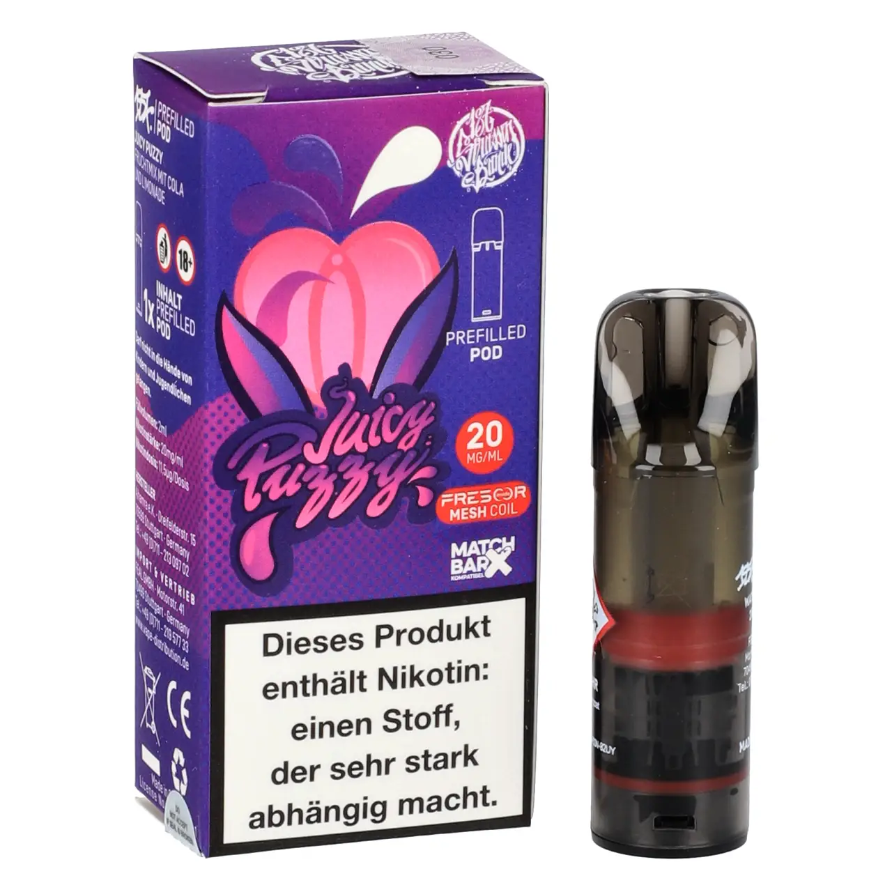 Juicy Puzzy - 187 Strassenbande Prefilled Pod für Mehrweg Vape - befüllt mit 2ml Liquid - MatchBar X kompatibel