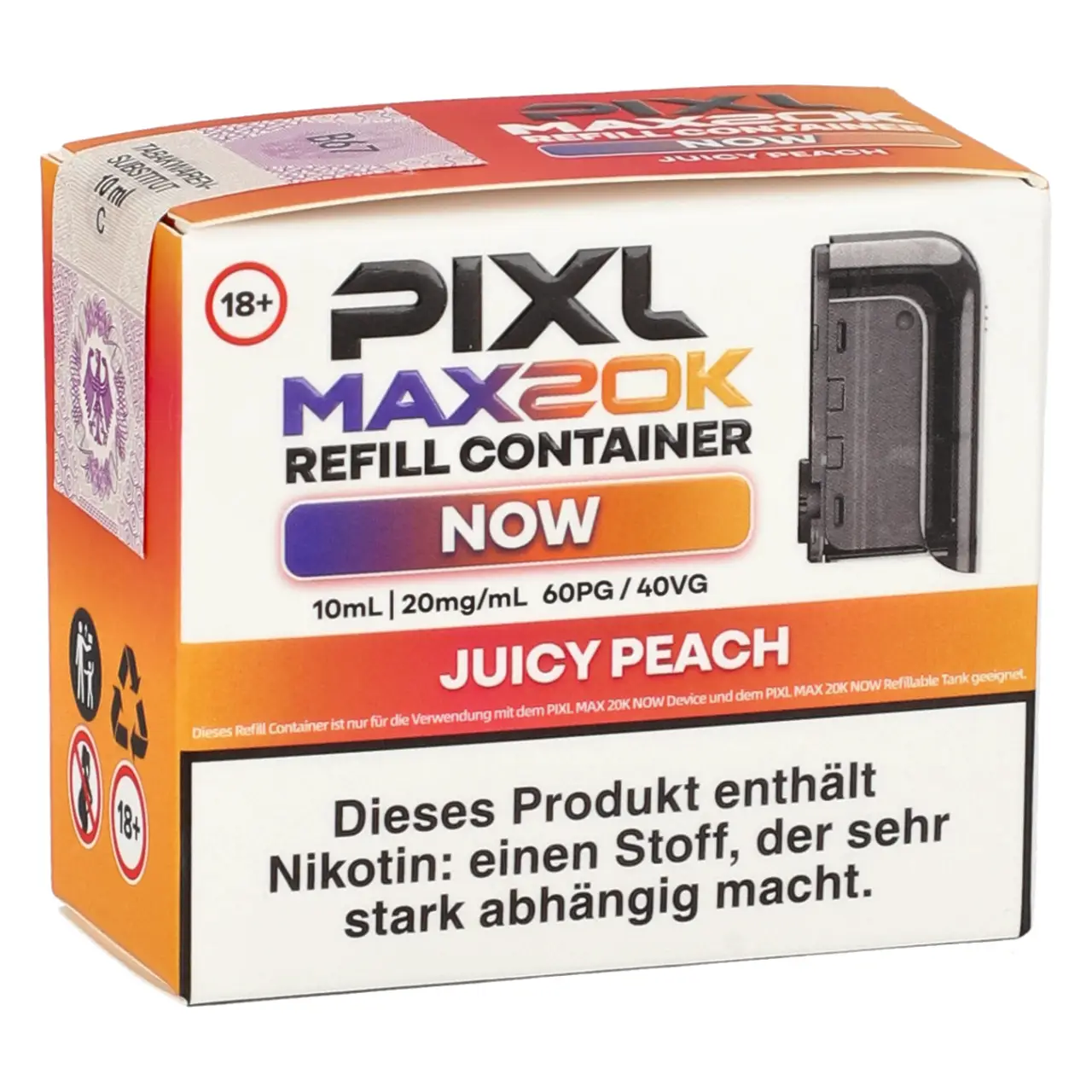 Pixl Max 20K Now Juicy Peach (Pfirsich) Refill Container - 10 ml Liquid Tank Pixl Max 20K Now Refill Container Juicy Peach