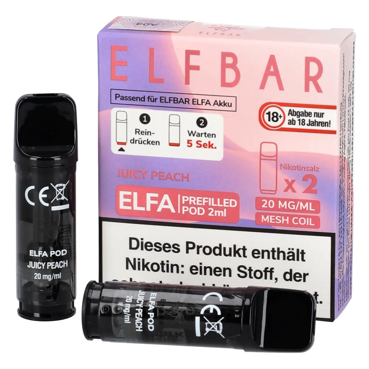 Elf Bar ELFA Pod Pfirsich (Juicy Peach / Peach Ice), 2ml Liquid, 2-er Pack Juicy Peach - Elf Bar ELFA Prefilled POD für Mehrweg Vape - befüllt mit 2ml Liquid - 2er Packung