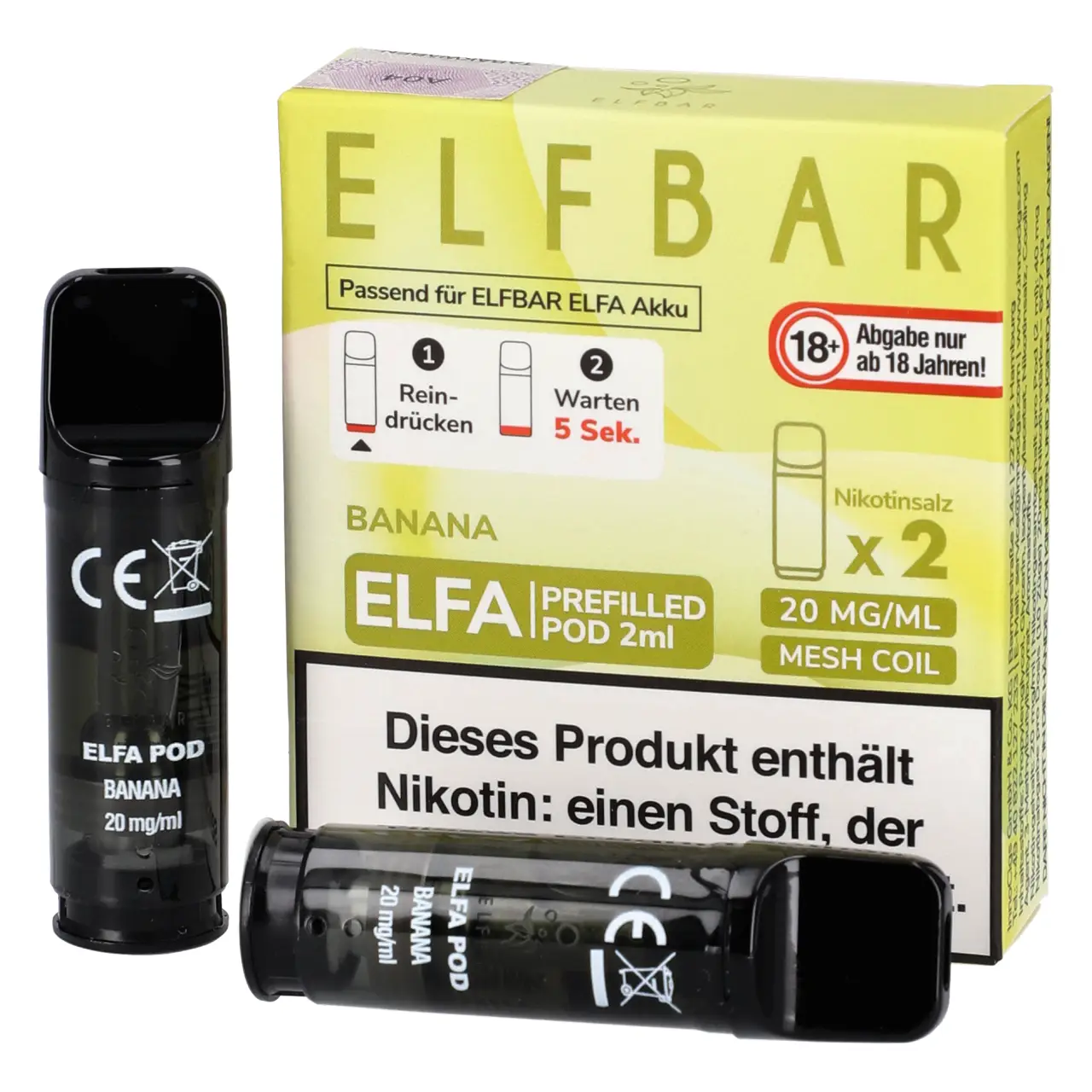 Elf Bar ELFA Pod Banane (Banana), 2ml Liquid, 2-er Pack Banana - Elf Bar ELFA Prefilled POD für Mehrweg Vape - befüllt mit 2ml Liquid - 2er Packung