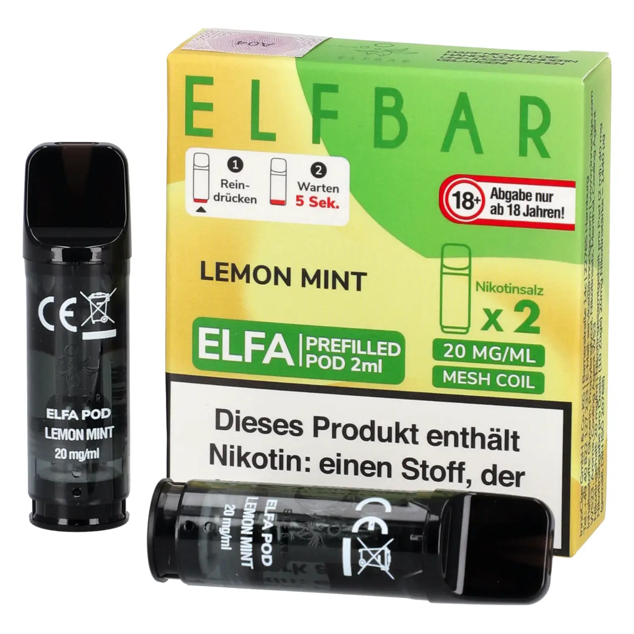 Elf Bar ELFA Pod Zitrone Minze (Lemon Mint), 2ml Liquid, 2-er Pack Lemon Mint - Elf Bar ELFA Prefilled POD für Mehrweg Vape - befüllt mit 2ml Liquid - 2er Packung
