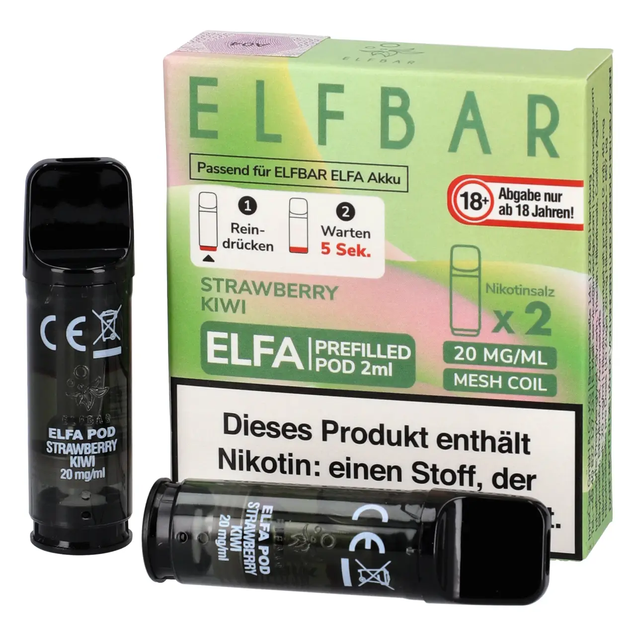 Elf Bar ELFA Pod Erdbeere Kiwi (Strawberry Kiwi), 2ml Liquid, 2-er Pack Strawberry Kiwi - Elf Bar ELFA Prefilled POD für Mehrweg Vape - befüllt mit 2ml Liquid - 2er Packung