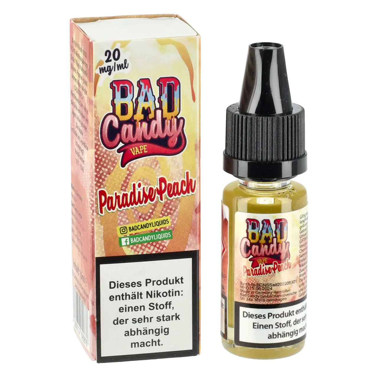 Bad Candy kühler Pfirsich Maracuja Zitrone (Paradise Peach) Nikotinsalz Liquid, 10ml Paradise Peach - Bad Candy Vape Nikotinsalz Liquid für Mehrweg Vape - 10ml