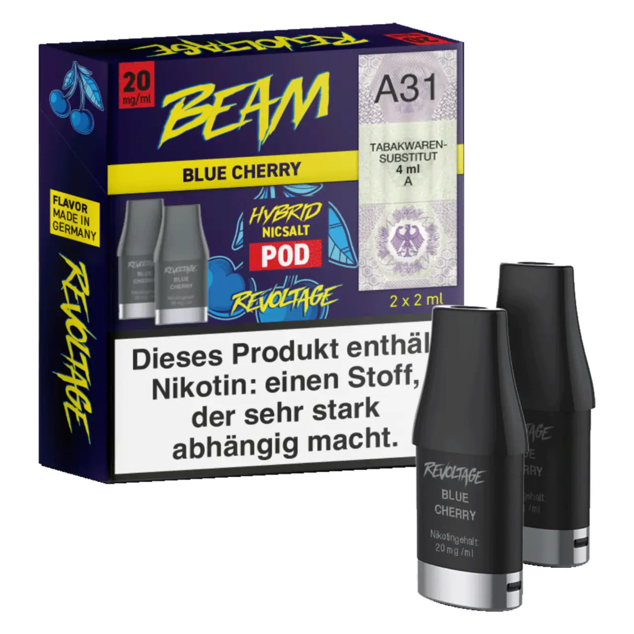 Revoltage Beam Kirsche Blaubeere (Blue Cherry) Prefill Liquid Pod 2ml, 2-er Pack Blue Cherry - Revoltage Beam Prefilled Pod - 2er Packung