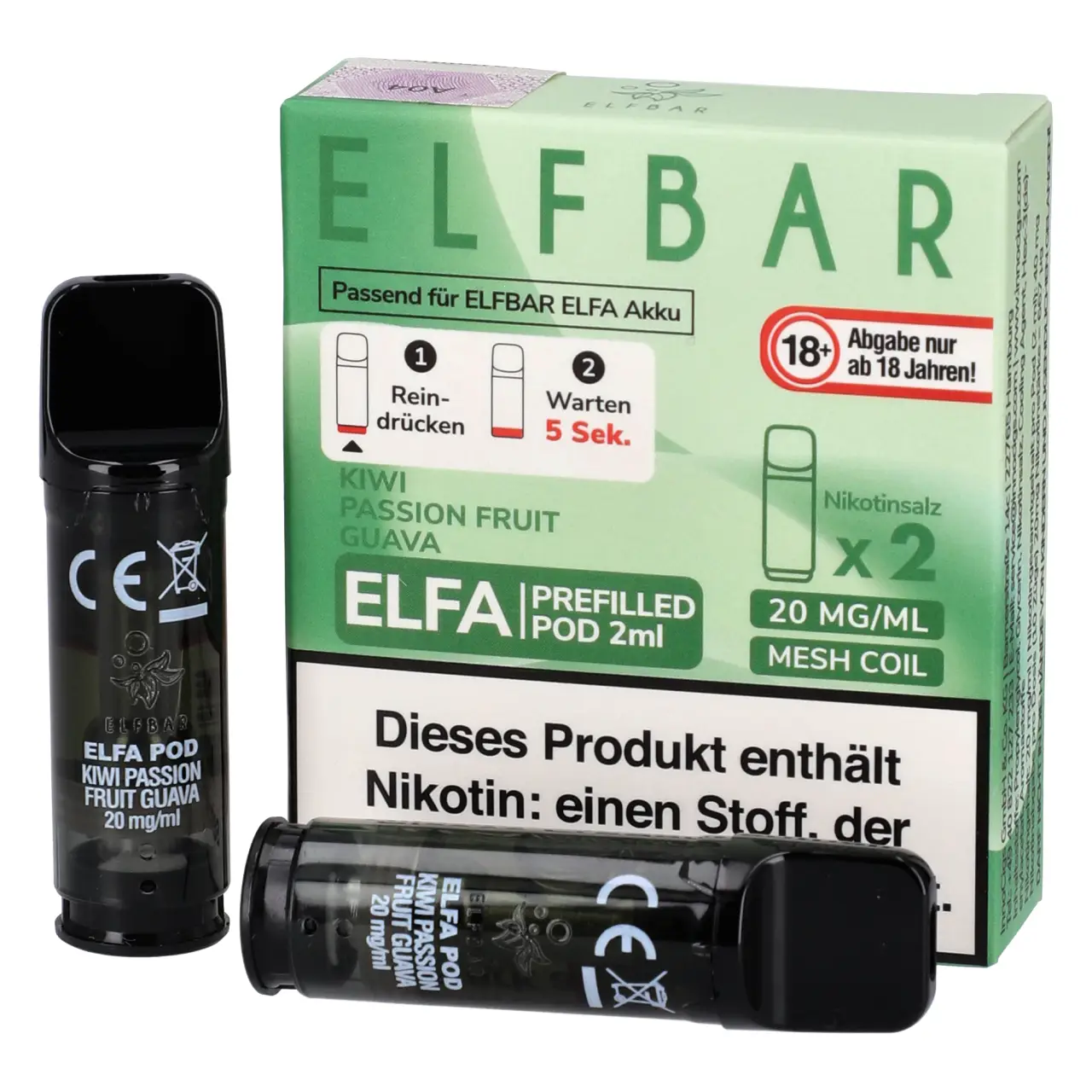 Elf Bar ELFA Pod Kiwi Maracuja Guave (Kiwi Passion Fruit Guava), 2ml Liquid, 2-er Pack Kiwi Passion Fruit LIme - Elf Bar ELFA Prefilled POD für Mehrweg Vape - befüllt mit 2ml Liquid - 2er Packung