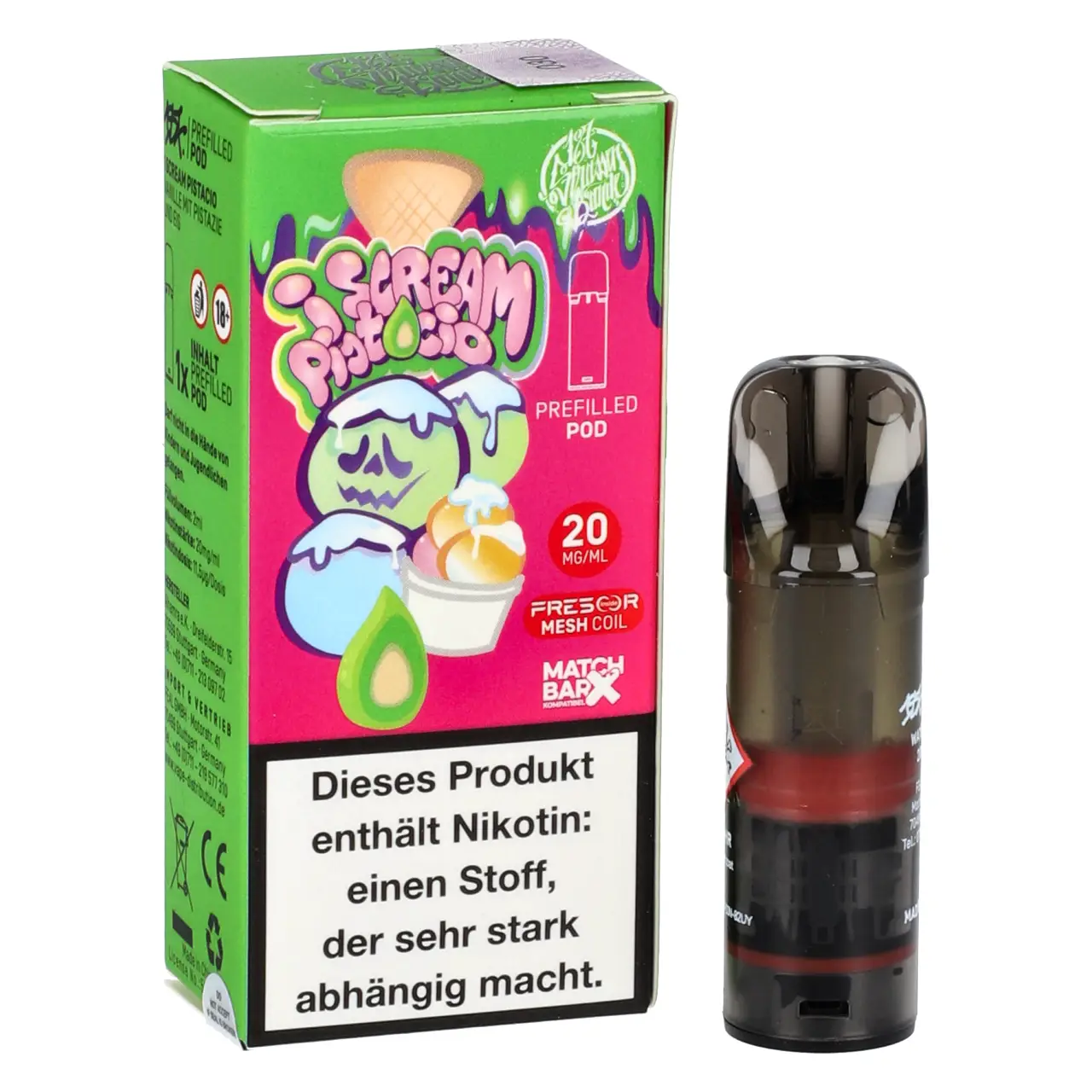 187 Strassenbande POD Pistazie Vanille Eiscreme (I Scream Pistacio) Prefilled mit 2ml Liquid I Scream Pistacio - 187 Strassenbande Prefilled Pod für Mehrweg Vape - befüllt mit 2ml Liquid - MatchBar X kompatibel