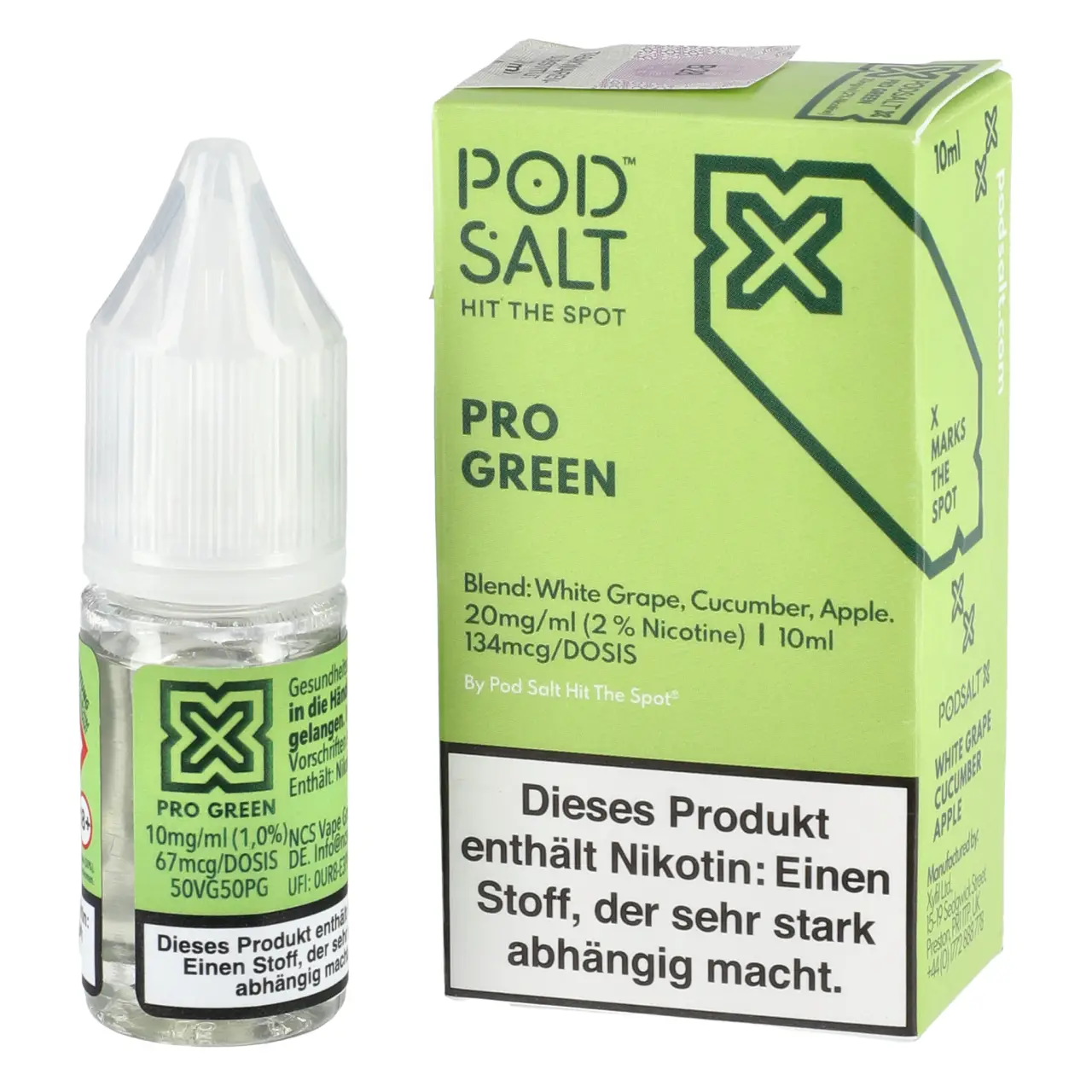 Pod Salt X helle Traube Apfel Gurke (White Grape Cucumber Apple) Nikotinsalz Liquid, 10m Pro Green - Pod Salt X Nikotinsalz Liquid Flasche 10ml