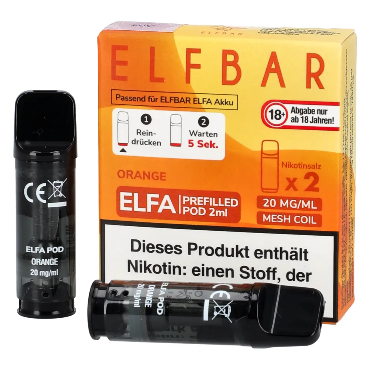 Elf Bar ELFA Pod Orange, 2ml Liquid, 2-er Pack Orange - Elf Bar ELFA Prefilled POD für Mehrweg Vape - befüllt mit 2ml Liquid - 2er Packung