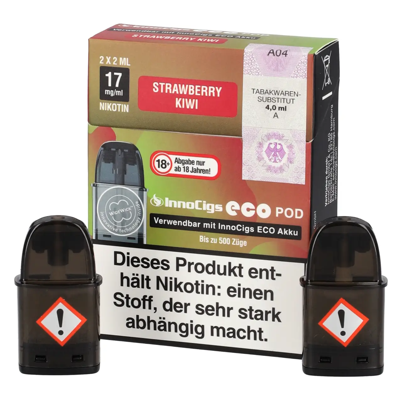 InnoCigs Eco Pod Erdbeere Kiwi (Strawberry Kiwi) Liquid 2ml, 2-er Pack Strawberry Kiwi - Innocigs Eco Pod befüllt mit 2ml Liquid - für ECO Akku - 2er Packung