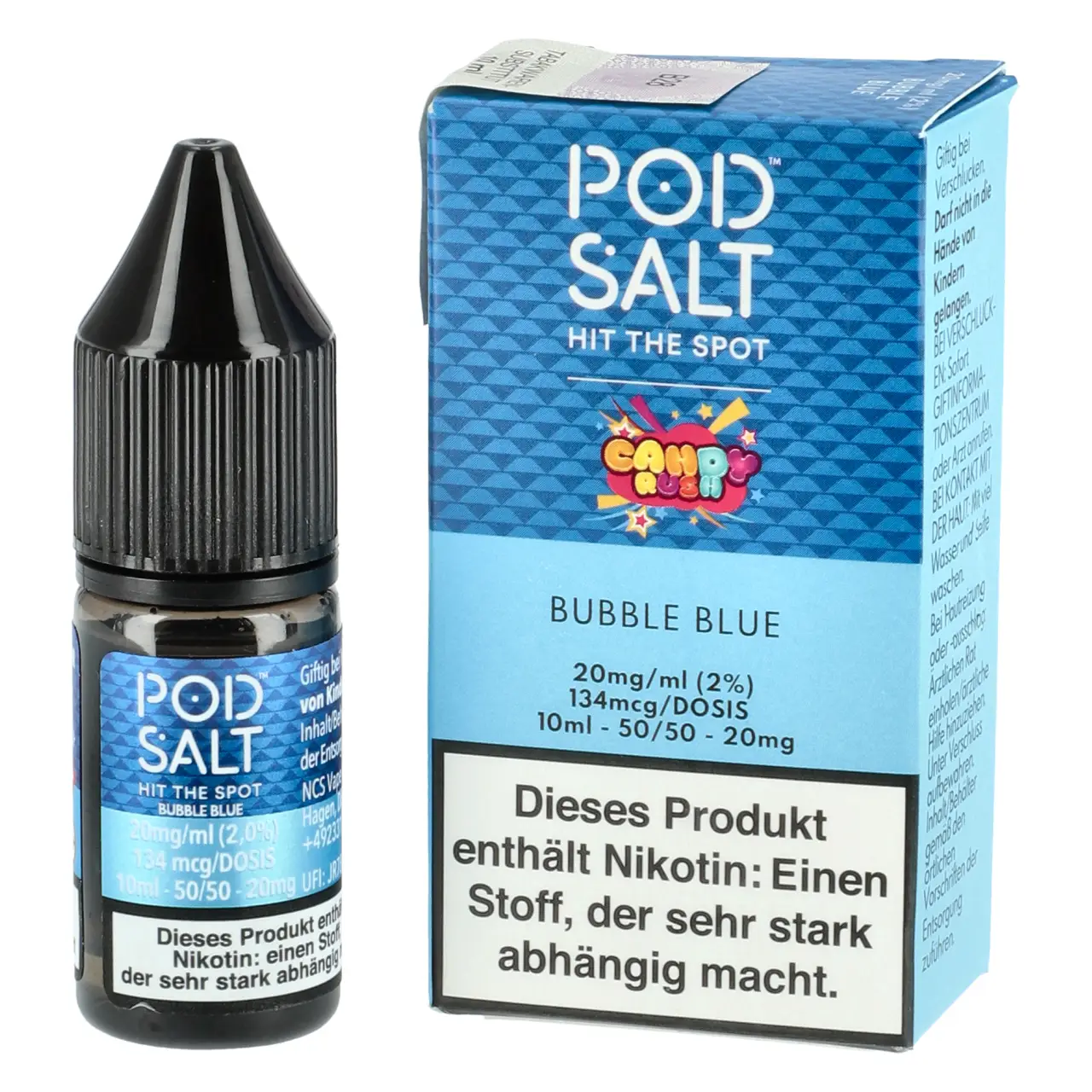Pod Salt Fusion Fruchtkaugummi (Candy Rush - Bubble Blue) Nikotinsalz Liquid, 10ml Candy Crush - Bubble Blue - Pod Salt Fusion Nikotinsalz Liquid 10ml